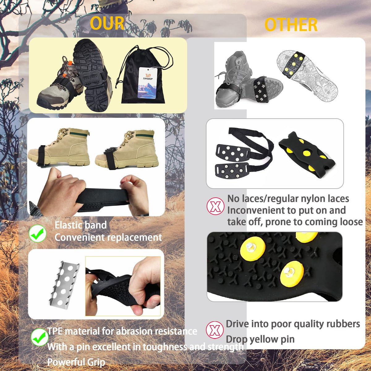 TERRIFI Ice Cleats for Shoes and Boots, with Adjustable Straps Easily Rotate Non Slip Grippers, Easily Rotate Non Slip Grippers, Walk Traction Cleats for Walking, Hiking, Mountaineering