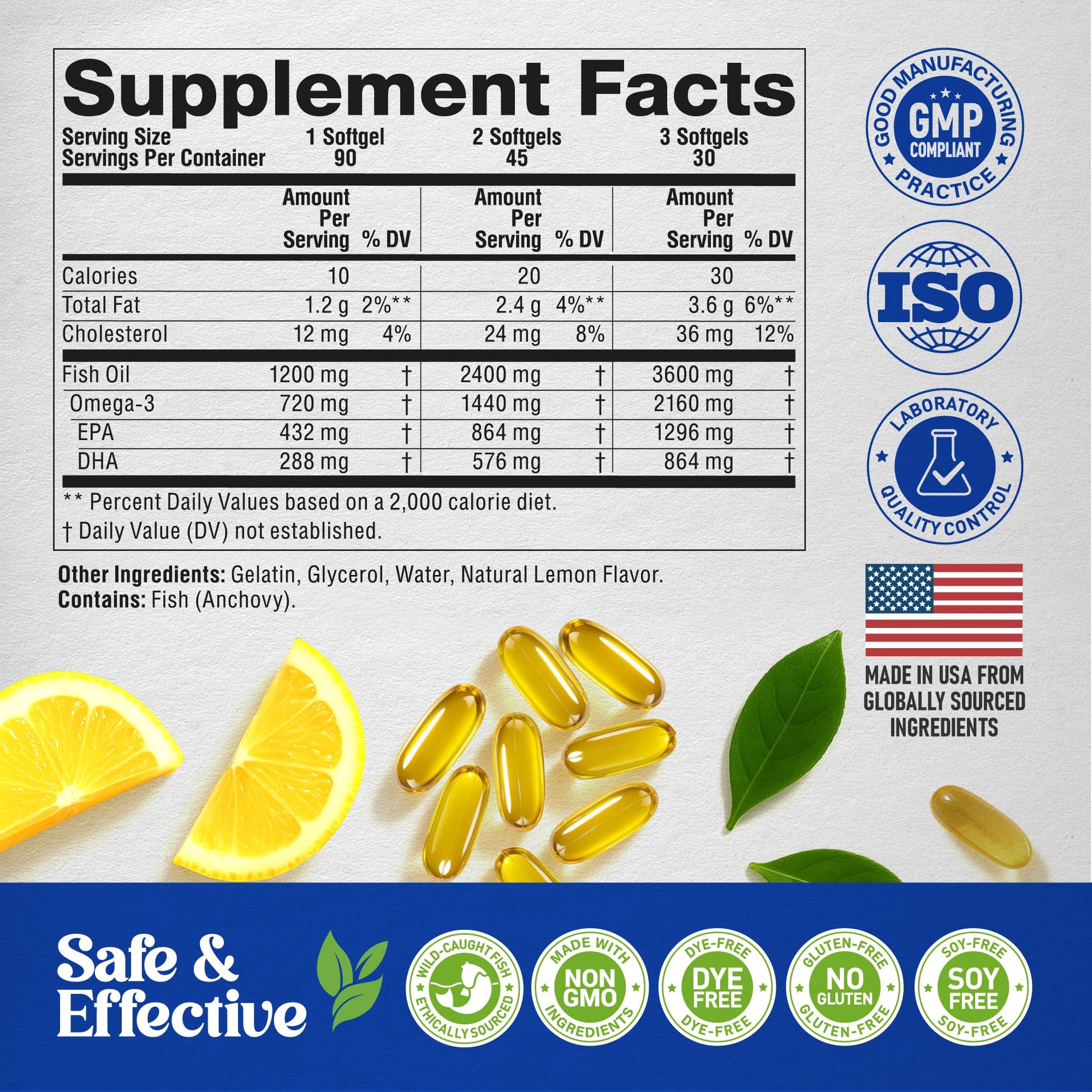 Omega 3 Fish Oil 3600 mg - Omega 3 Supplement | EPA & DHA - Heavy Metals Free - Heart, Brain & Joint Support - Purified Fish Oil for Men & Women - Lemon Flavored - Made in USA, 90 Softgels - Medaid International