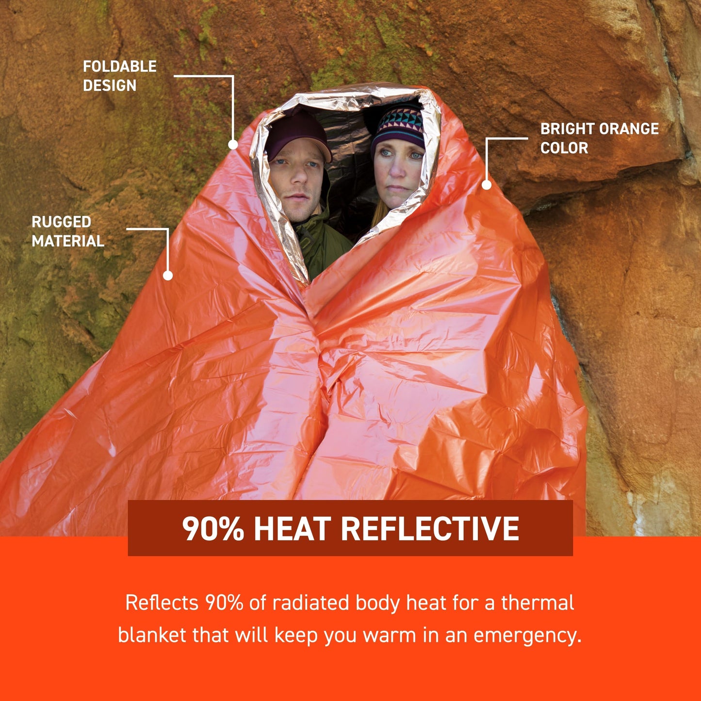 S.O.L. Survive Outdoors Longer 90% Heat Reflective Emergency Blanket - for Disaster Preparedness Kit - Waterproof & Windproof - Fits up to 2 People - 58" x 98", 5.9 oz, Orange (Pack of 3)