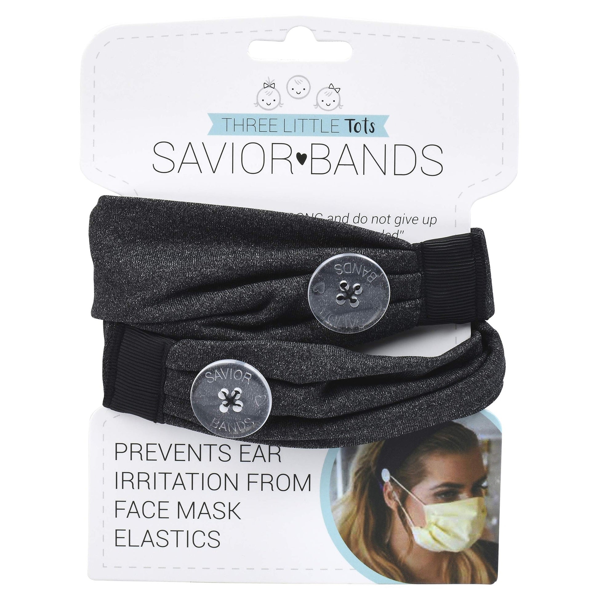 Three Little Tots Savior Band headbands with buttons for mask for nurses, going out to the gym, grocery store or other places to protect your ears (Dark Gray) - Medaid International