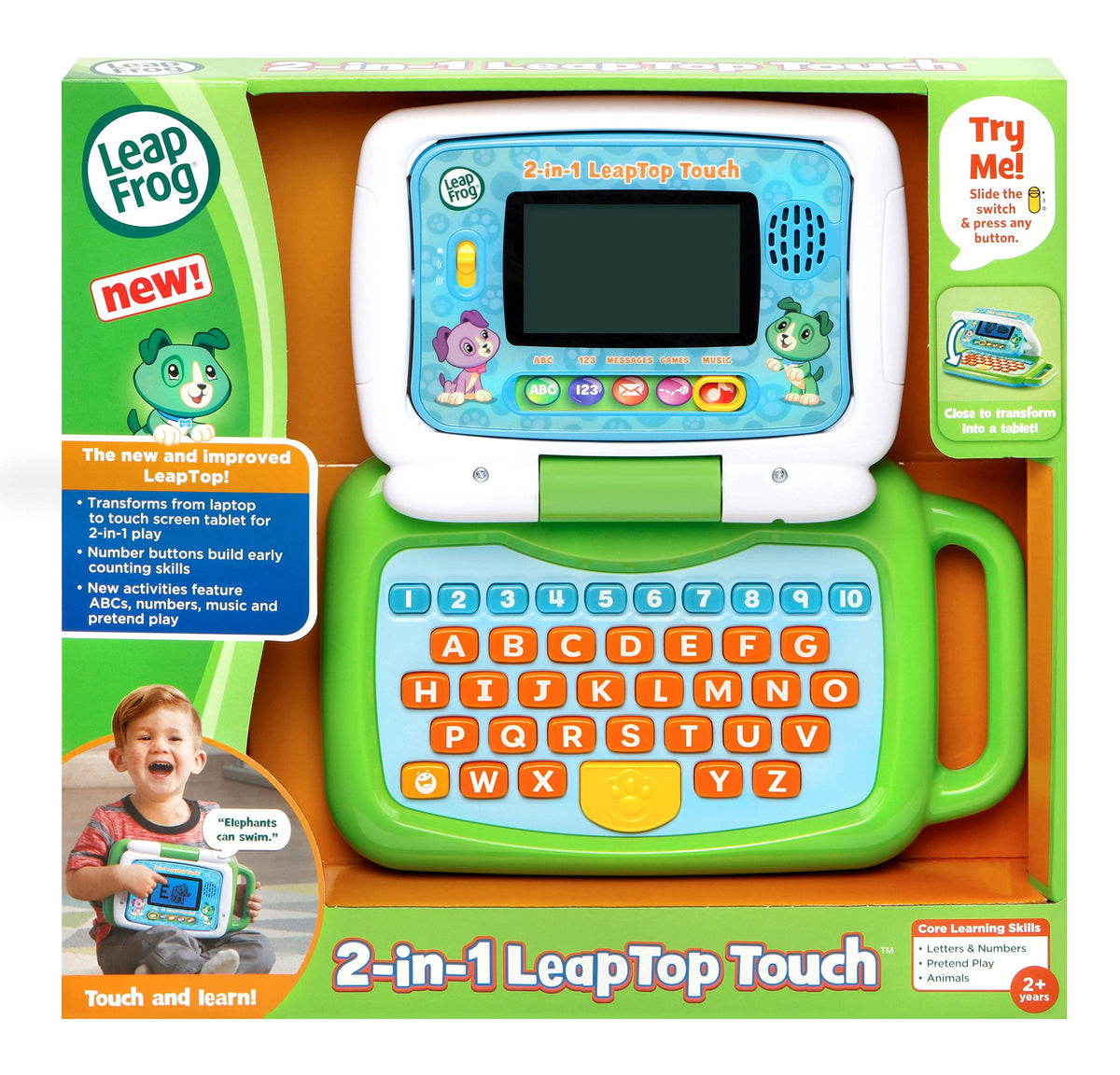 LeapFrog 2-in-1 LeapTop Touch Laptop for Kids, Educational Bilingual Toy That Converts from Laptop to Tablet, Learning Letters, Numbers and Messages -Green