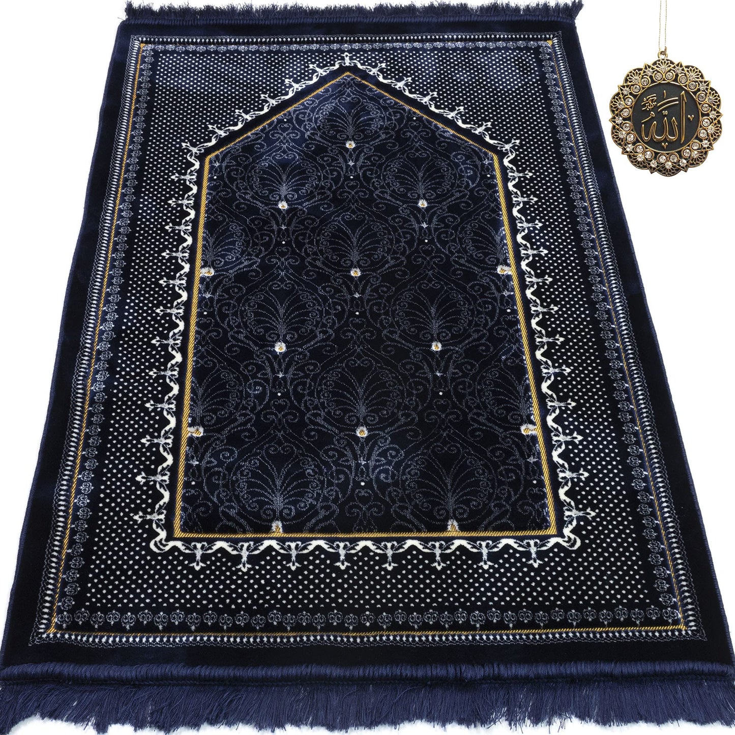 Modefa Turkish Islamic Velvet Prayer Rug - Thick & Wide Soft Praying Carpet - Large Traditional Muslim Salah Mat - Ramadan & Eid Gift - with Car Hanger - Double Plush Topkapi (Blue) - Medaid International