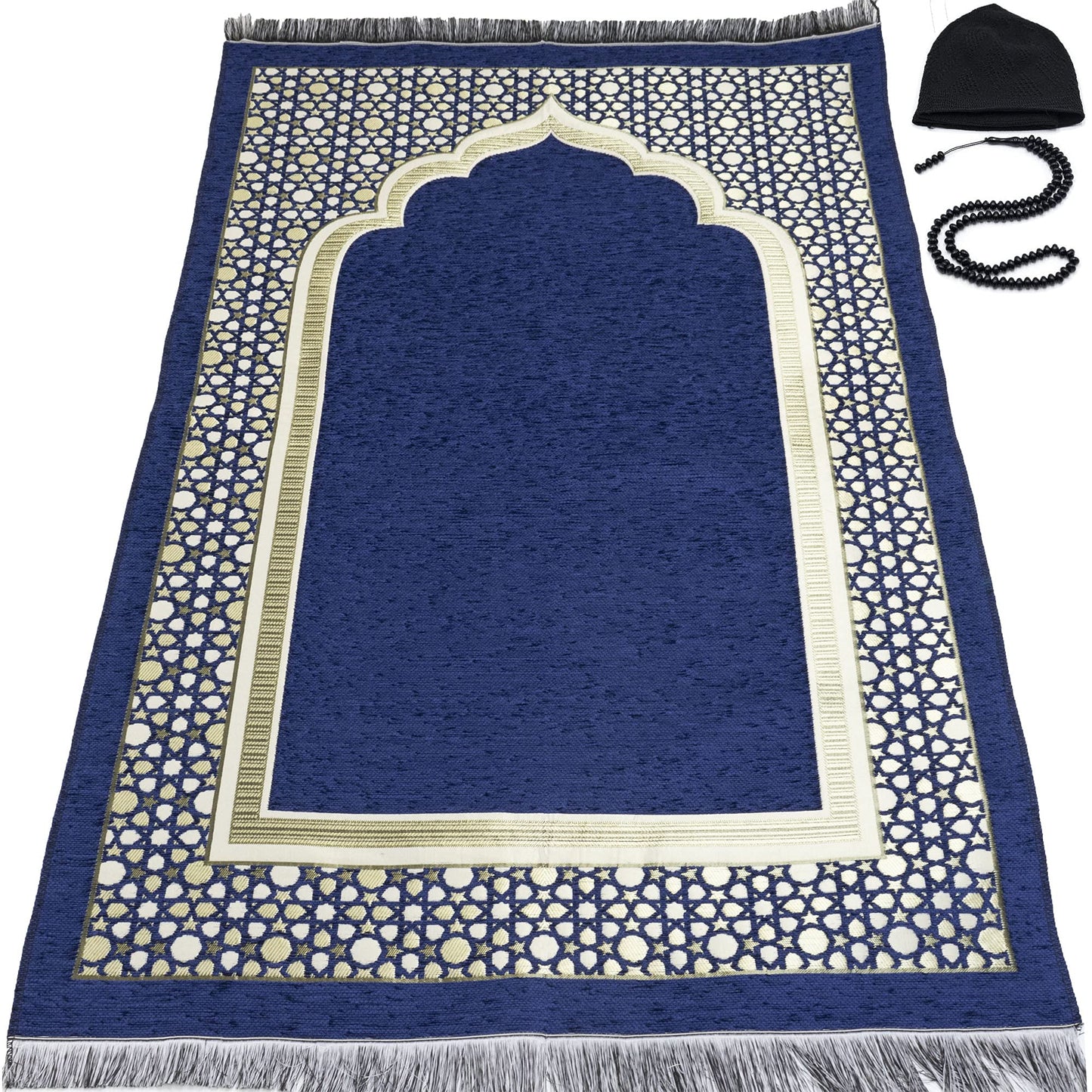 Modefa Turkish Islamic Prayer Mat - Thin Woven Chenille Sajjadah - Intricate Praying Rug Ramadan Eid Gift - Traditional Muslim Janamaz Sajada for Men Women - Geometric Selcuk Star (Royal Blue) - Medaid International