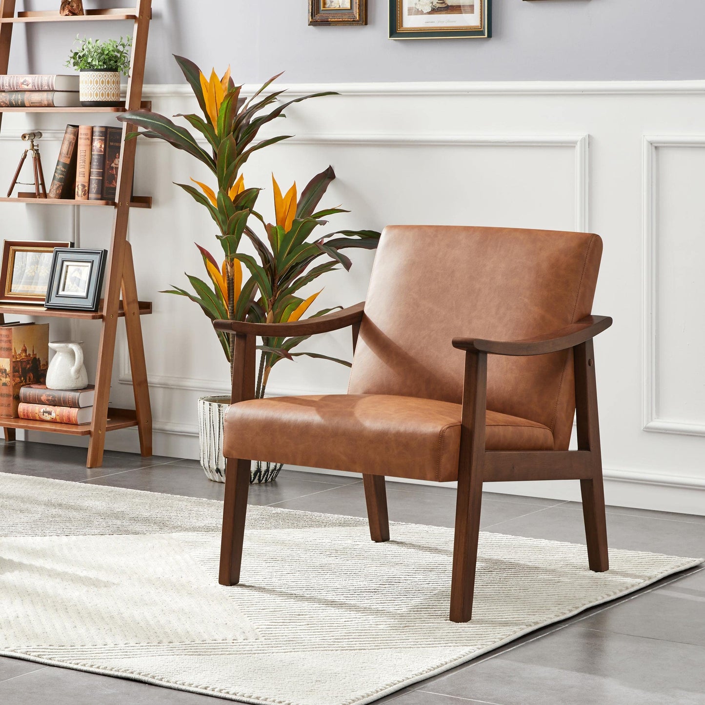 Yaheetech PU Leather Accent Chair, Mid-Century Modern Armchair with Solid Wood Legs, Reading Leisure Chair with High Back for Living Room Bedroom Waiting Room, Brown - Medaid International
