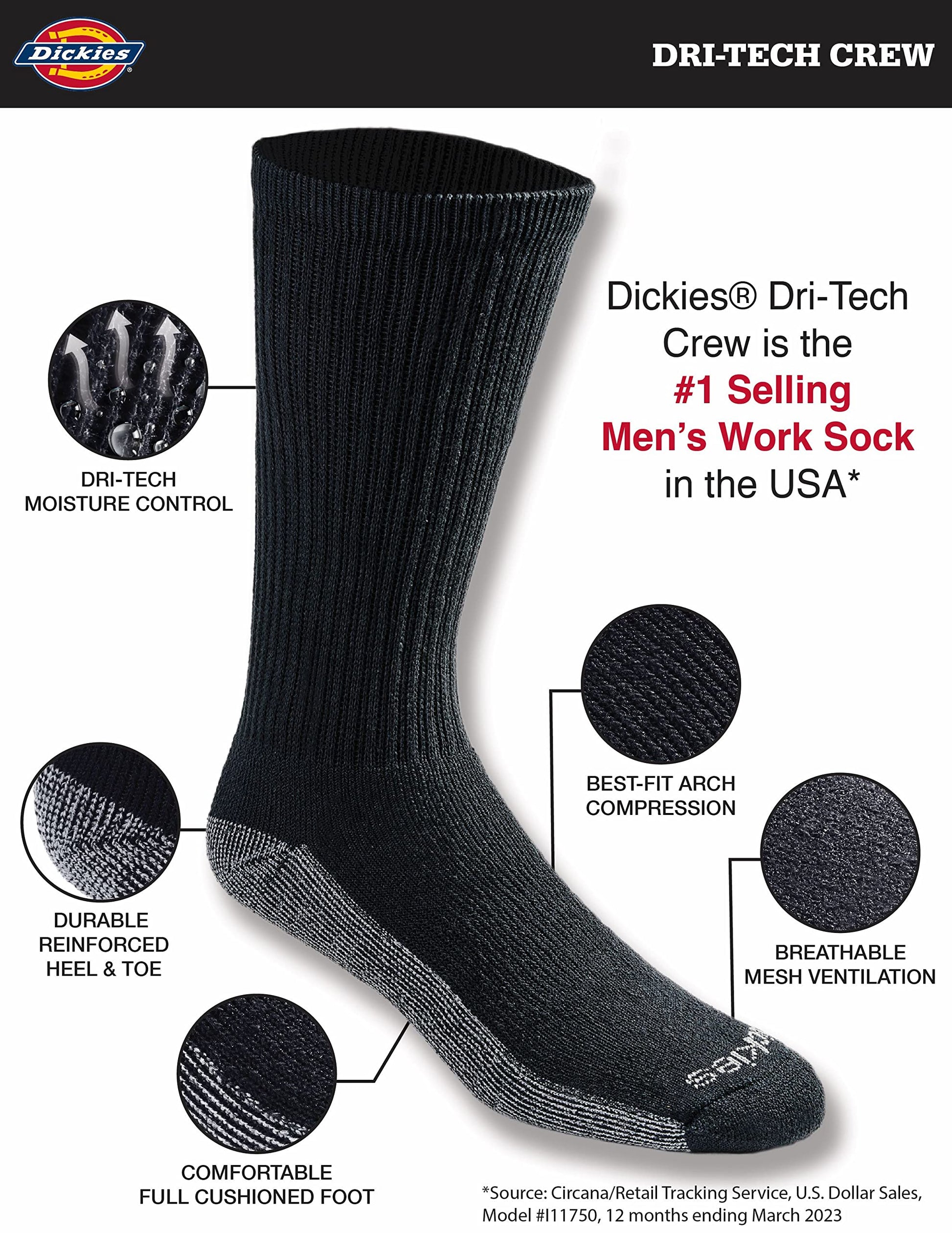 Dickies Men's Dri-tech Original Moisture Control Crew Socks Multipack, Black (6 Pairs), Shoe Size: 6-12, Pack of 6 - Medaid International