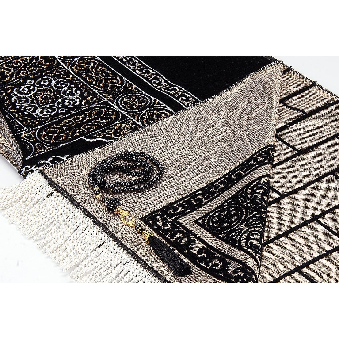 ihvan online Muslim Prayer Rug with Prayer Beads, Janamaz, Portable Sajadah, Soft Islamic Prayer Rug, Islamic Gifts for Ramadan Eid, Praying Carpet Mat, Kaaba Door, Chenille Fabric, Black - Medaid International