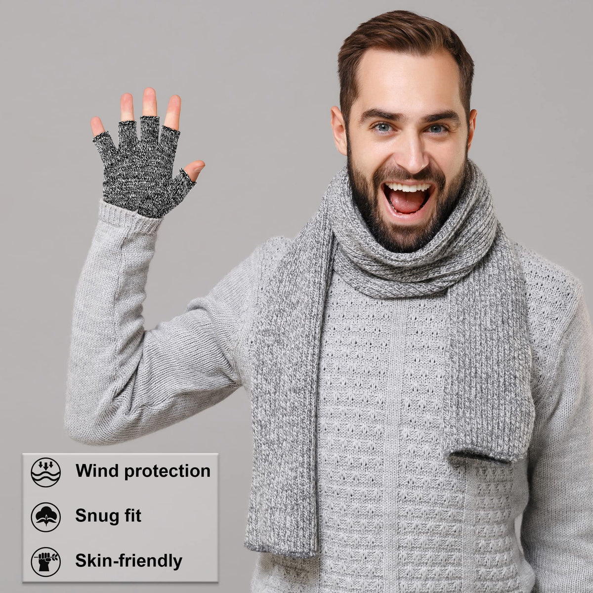 TERRIFI 2 Pairs Unisex Warm Half Finger Gloves Winter Fingerless Gloves, L for Adults
