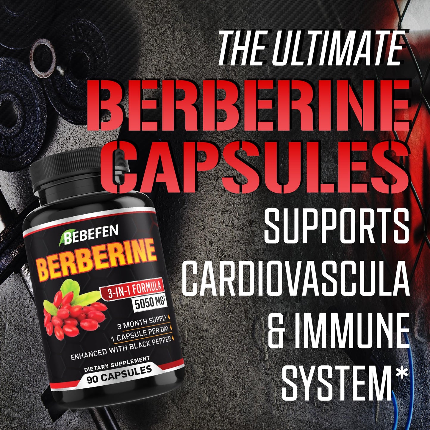BEBEFEN Berberine Capsules with Black Pepper Extract - 90 Capsules - 3 Month Supply - Medaid International