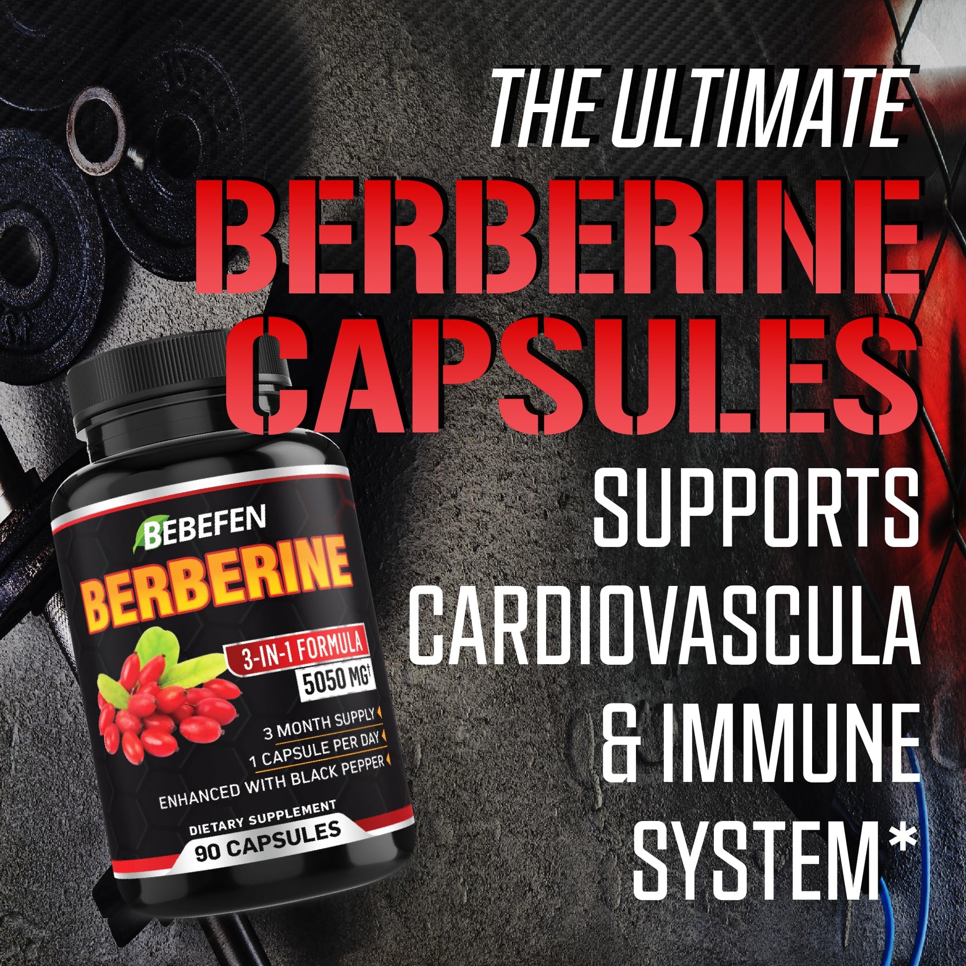 BEBEFEN Berberine Capsules with Black Pepper Extract - 90 Capsules - 3 Month Supply - Medaid International
