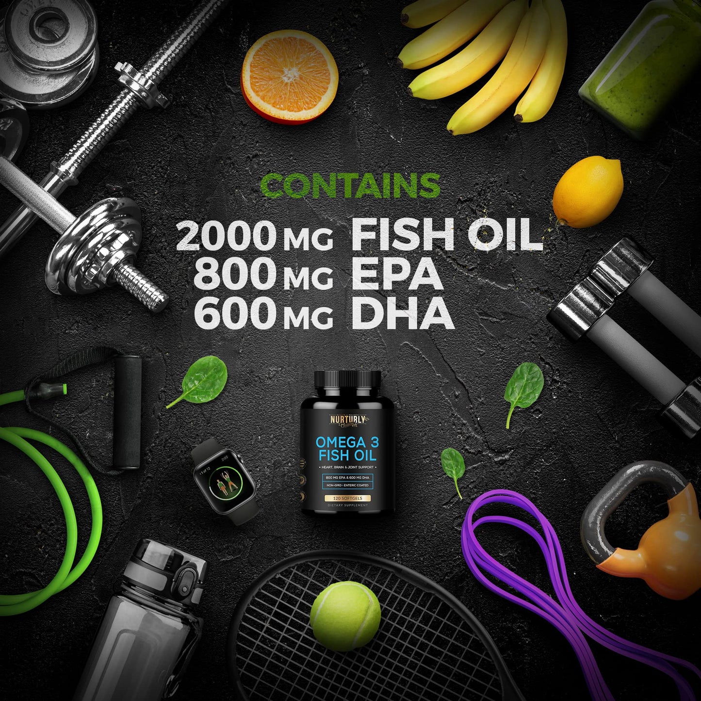 Omega 3 Fish Oil 2000mg, 800mg EPA and 600mg DHA - Enteric Coated and Burpless - Supports Brain, and Heart - Burpless, Non-GMO, 3rd Party Lab Tested and NSF Certified - 120 Softgels - Medaid International