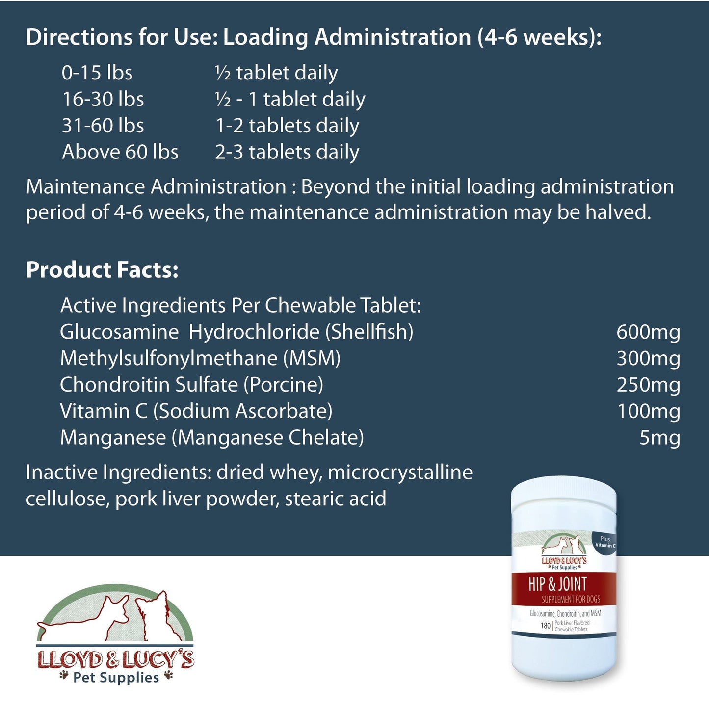 Lloyd & Lucy's Hip and Joint Supplement for Dogs - Chewable Multivitamin with Glucosamine, Chondroitin, MSM and Vitamin C - Healthy Liver Flavored Treat Pets Will Love - 180 Ct Tablets