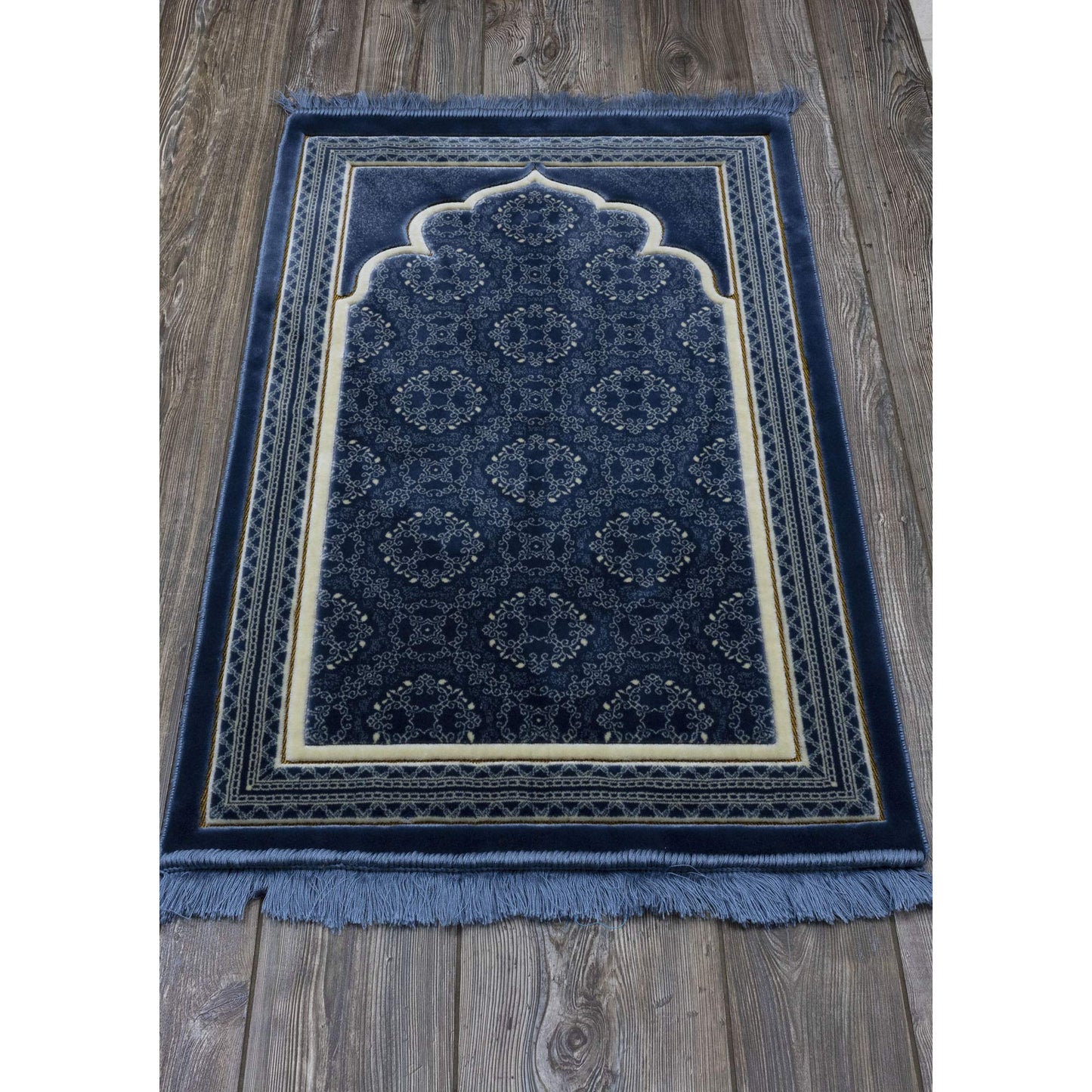 Modefa Turkish Islamic Prayer Rug - Soft Velvet Janamaz Praying Carpet - Comfortable Muslim Praying Mat for Men & Women - Ramadan or Eid Gift - with Kufi Prayer Cap - Elegant Swirl (Blue) - Medaid International