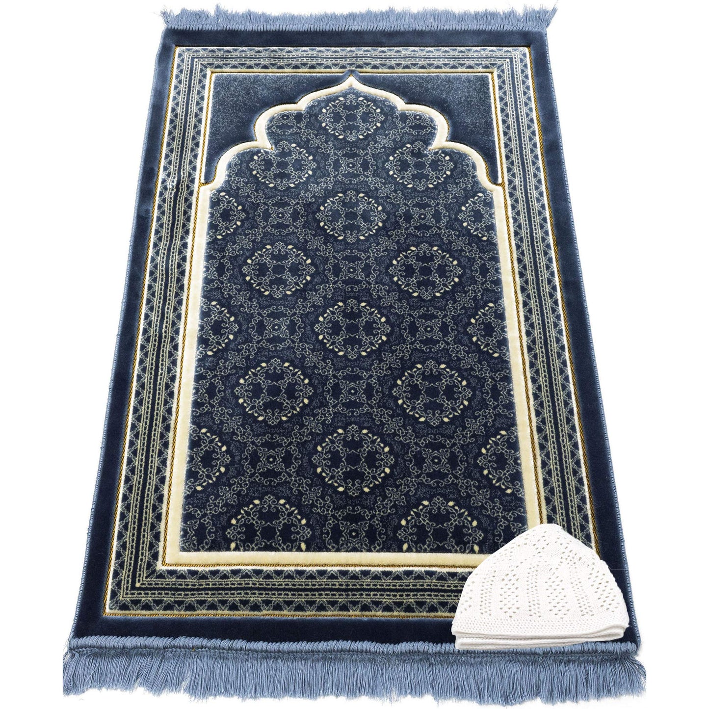 Modefa Turkish Islamic Prayer Rug - Soft Velvet Janamaz Praying Carpet - Comfortable Muslim Praying Mat for Men & Women - Ramadan or Eid Gift - with Kufi Prayer Cap - Elegant Swirl (Blue) - Medaid International