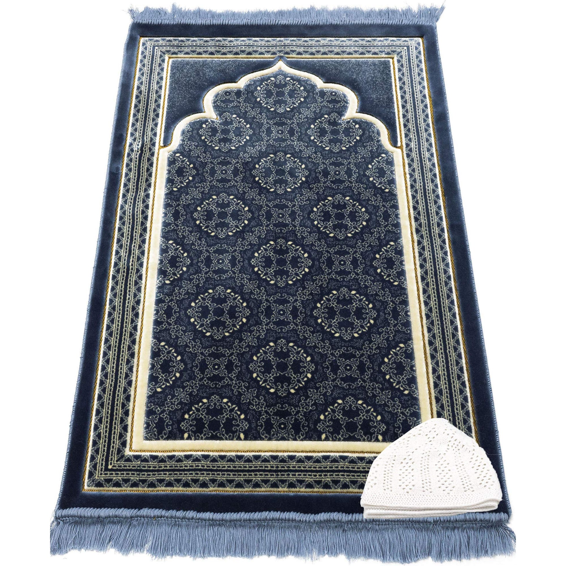 Modefa Turkish Islamic Prayer Rug - Soft Velvet Janamaz Praying Carpet - Comfortable Muslim Praying Mat for Men & Women - Ramadan or Eid Gift - with Kufi Prayer Cap - Elegant Swirl (Blue) - Medaid International