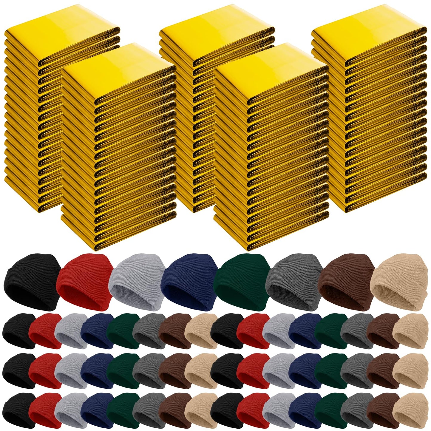 Shyyween 120 Pcs Emergency Blanket Beanie Hat Bulk Homeless Package Care Supplies Survival Kit for Cold Weather Outdoor Camping Hiking (Neutral)