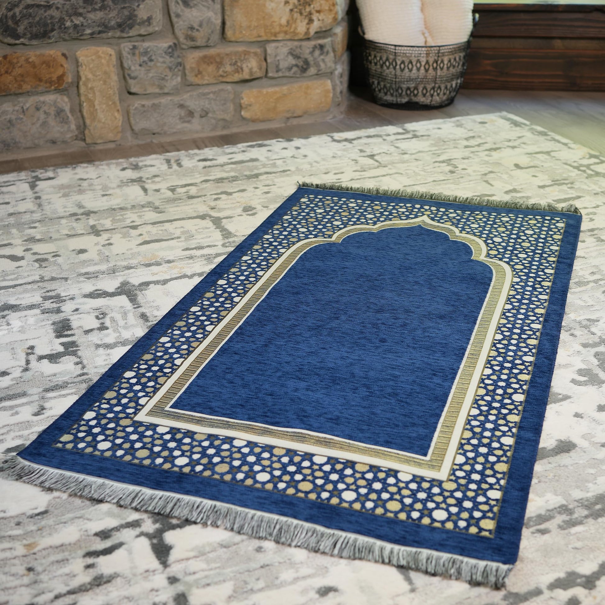 Modefa Turkish Islamic Prayer Mat - Thin Woven Chenille Sajjadah - Intricate Praying Rug Ramadan Eid Gift - Traditional Muslim Janamaz Sajada for Men Women - Geometric Selcuk Star (Royal Blue) - Medaid International