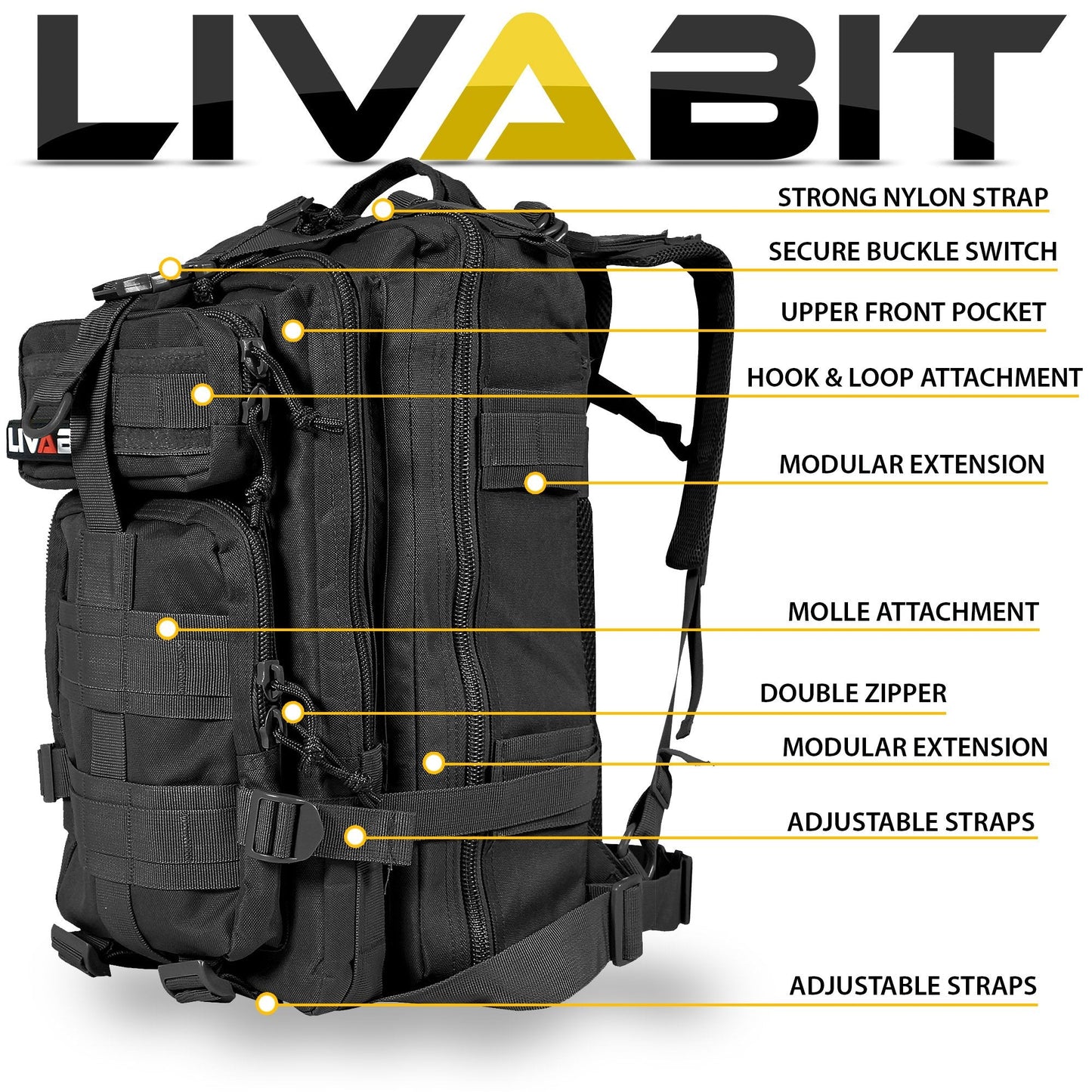 LIVABIT Tactical Emergency EDC 3 Day Earthquake Survivalist Grab and Go Bug Out Kit Bag Backpack Rucksack Molle Nylon Carrier BLACK