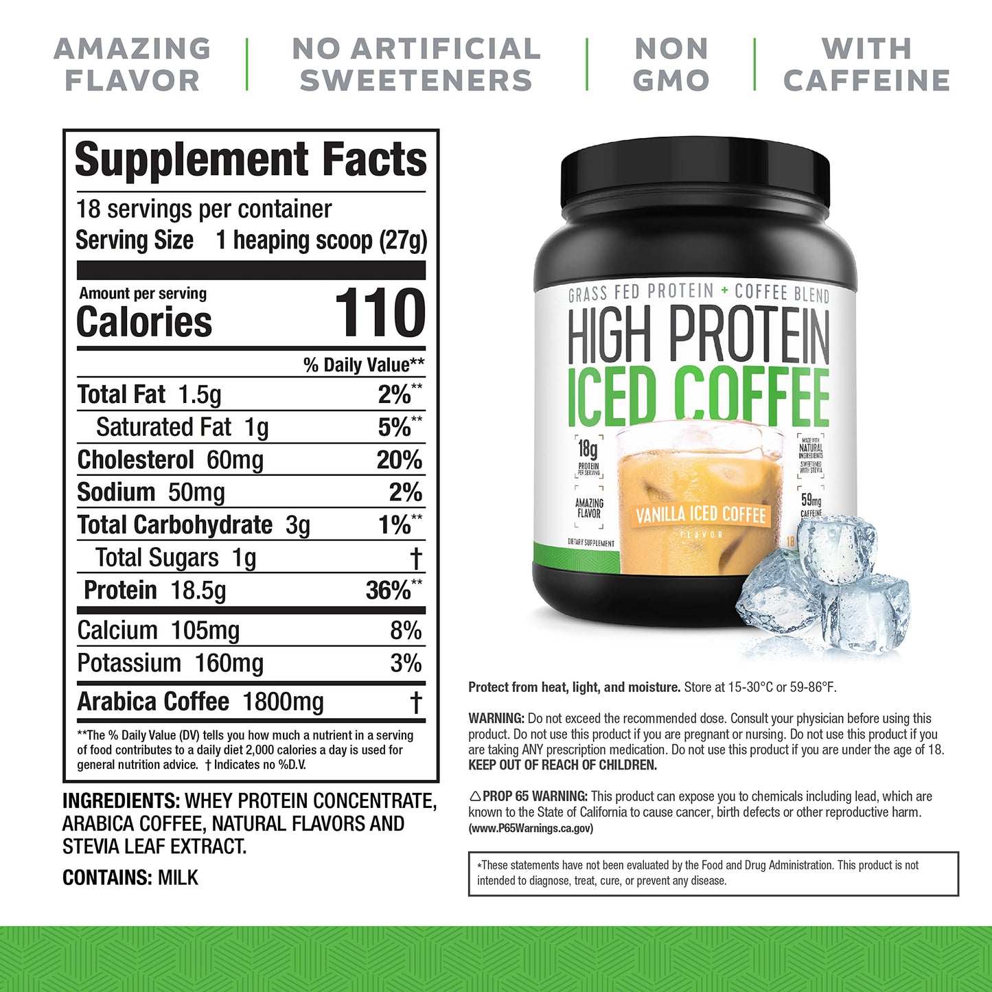 Iced Coffee, High Protein Coffee Keto Friendly, 18g of Protein, 2g Carbs, Natural Ingredients (18 Servings, Vanilla Latte) - Medaid International