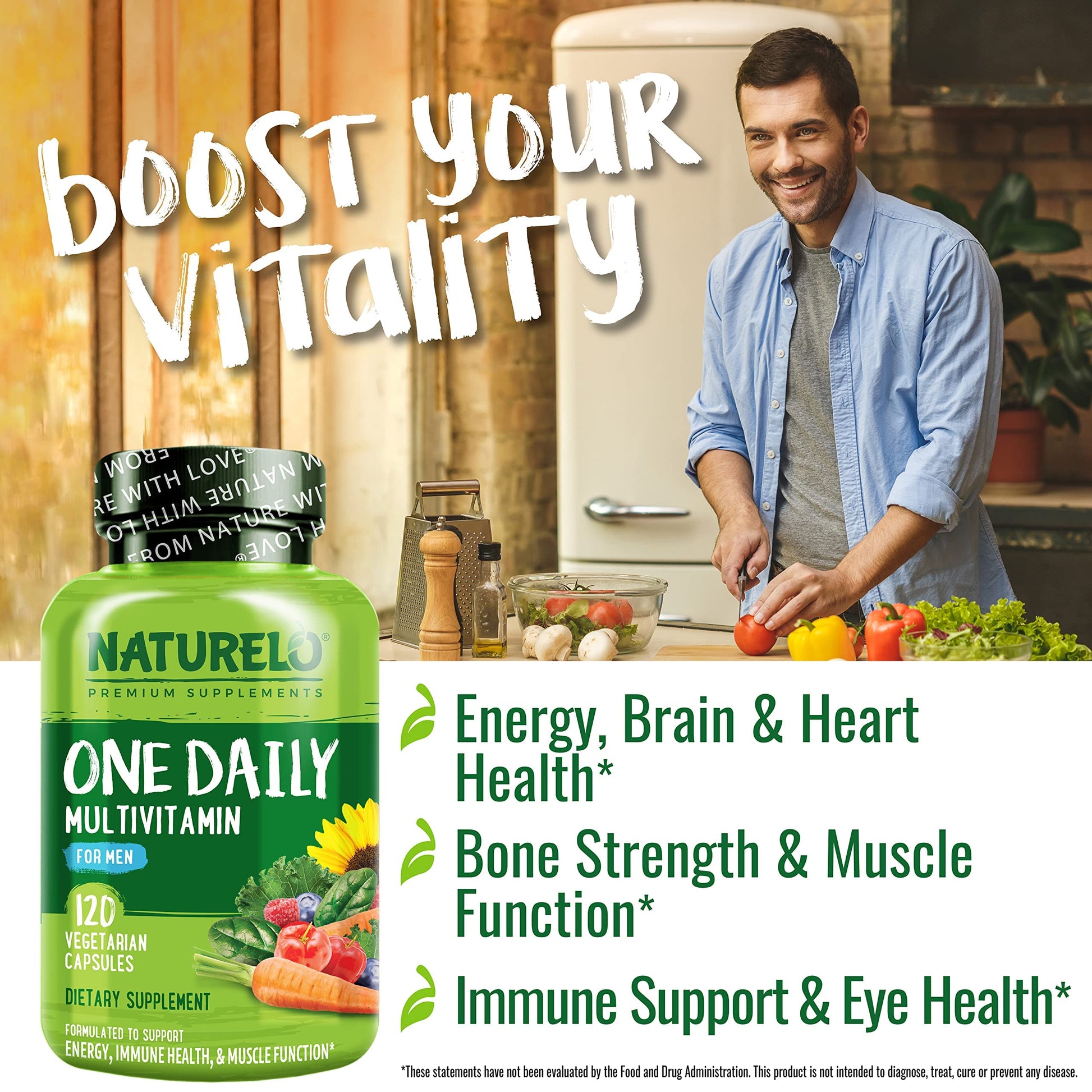 NATURELO Mens Multivitamins - One Daily Multivitamin for Men with Vitamins, Minerals & Organic Whole Foods, Boost Energy & Health, Non-GMO, 120 Vegetarian Capsules - Medaid International