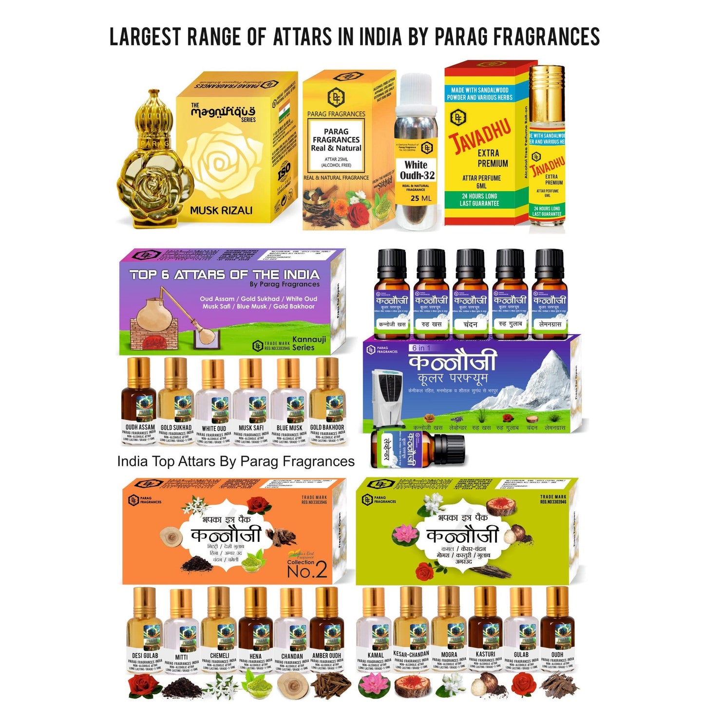 Parag Fragrances Natural & Premium Liquid Attar Gift Pack For Unisex (Kannauji 6 In 1) - Medaid International