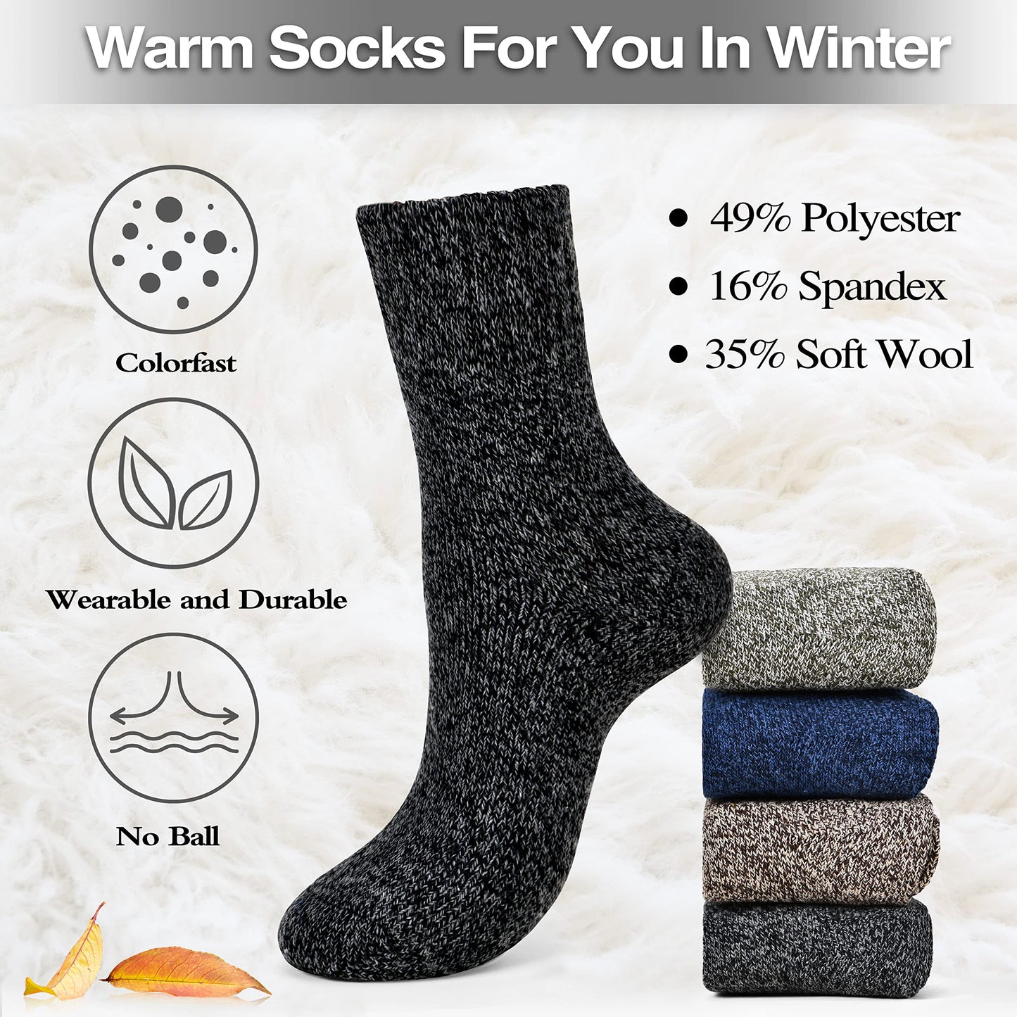 Clothclose 5 Pairs Wool Socks - Warm Wool Socks For Women/Men, Super Soft Crew Boot Sock, Thick Knit Cozy Sock - Medaid International