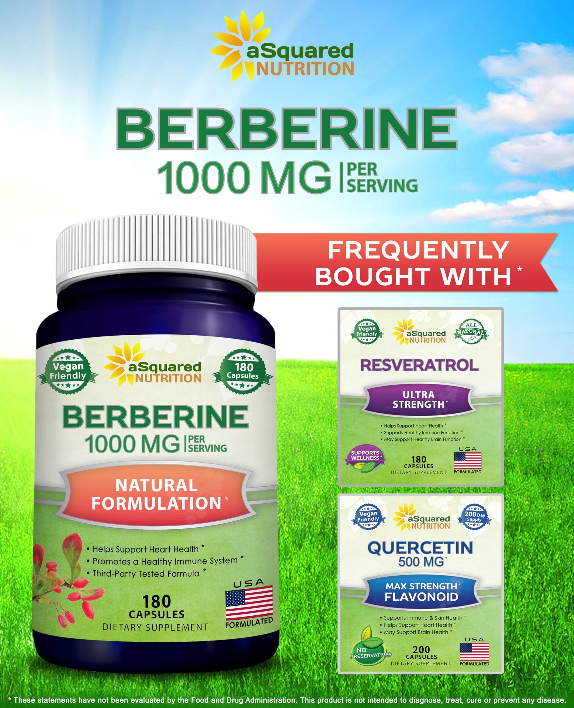 aSquared Nutrition Pure Berberine 1000mg Supplement - 180 Veggie Capsules, Natural Berberine Hydrochloride HCL Plus, Max Strength 1000 mg (2X 500mg), Potent Berberine Vegan Extract - Medaid International