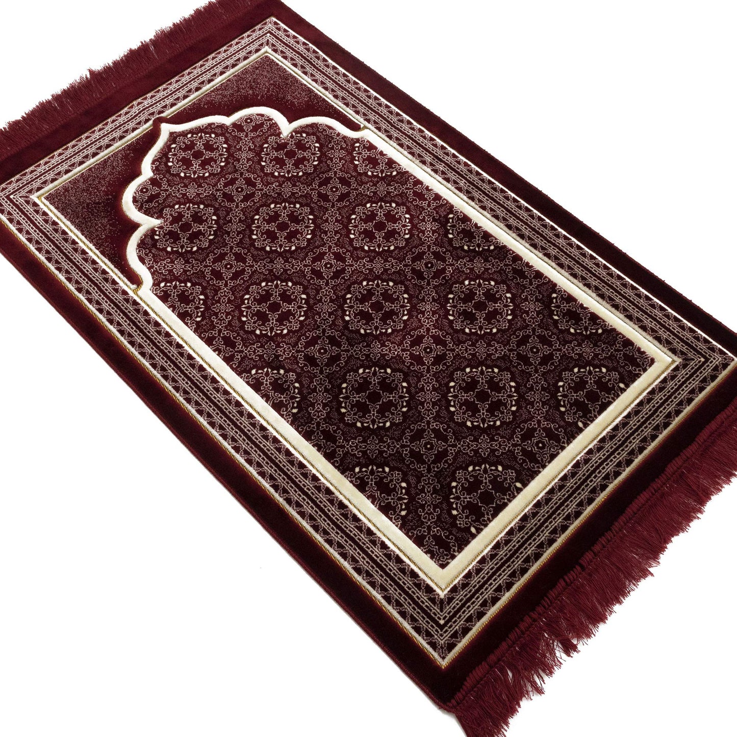 Modefa Turkish Islamic Prayer Rug - Soft Velvet Janamaz Praying Carpet - Comfortable Muslim Praying Mat for Men & Women - Ramadan or Eid Gift - with Kufi Prayer Cap - Elegant Swirl (Red) - Medaid International