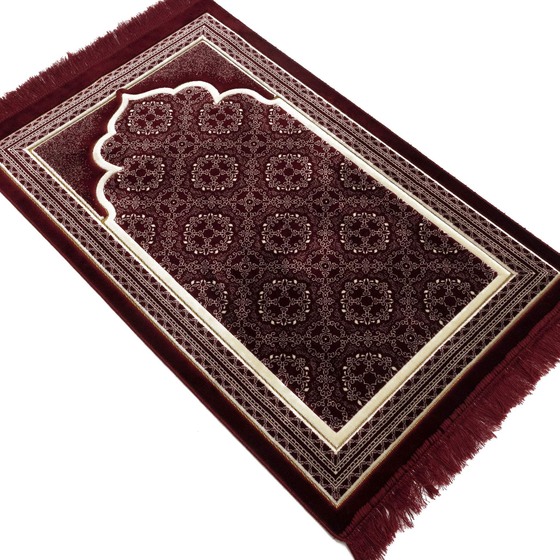 Modefa Turkish Islamic Prayer Rug - Soft Velvet Janamaz Praying Carpet - Comfortable Muslim Praying Mat for Men & Women - Ramadan or Eid Gift - with Kufi Prayer Cap - Elegant Swirl (Red) - Medaid International