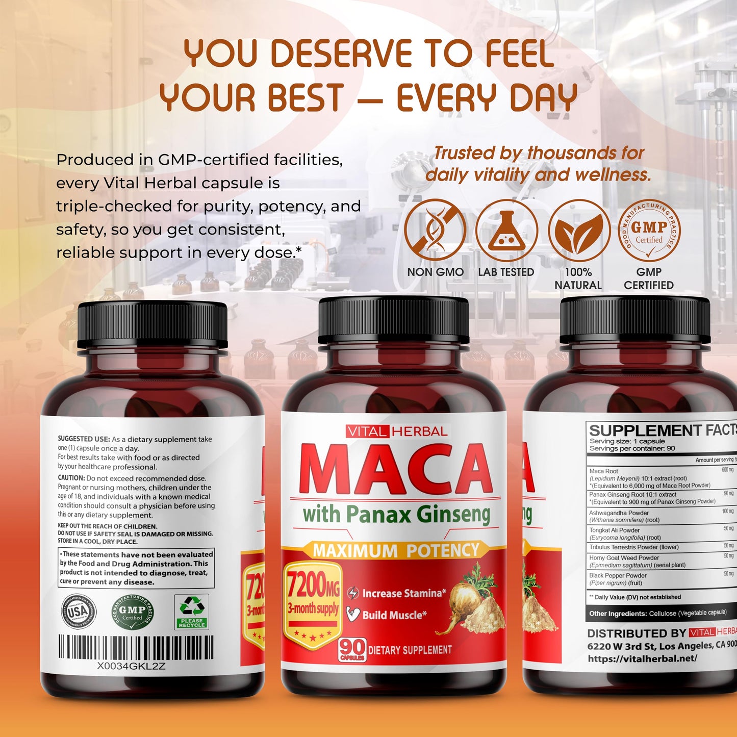 Vital Herbal Maca Root Complex with Ashwagandha, Tongkat Ali, Tribulus, Horny Goat Weed & Panax Ginseng – Herbal Support for Energy & Performance – 90-Day Supply - Medaid International