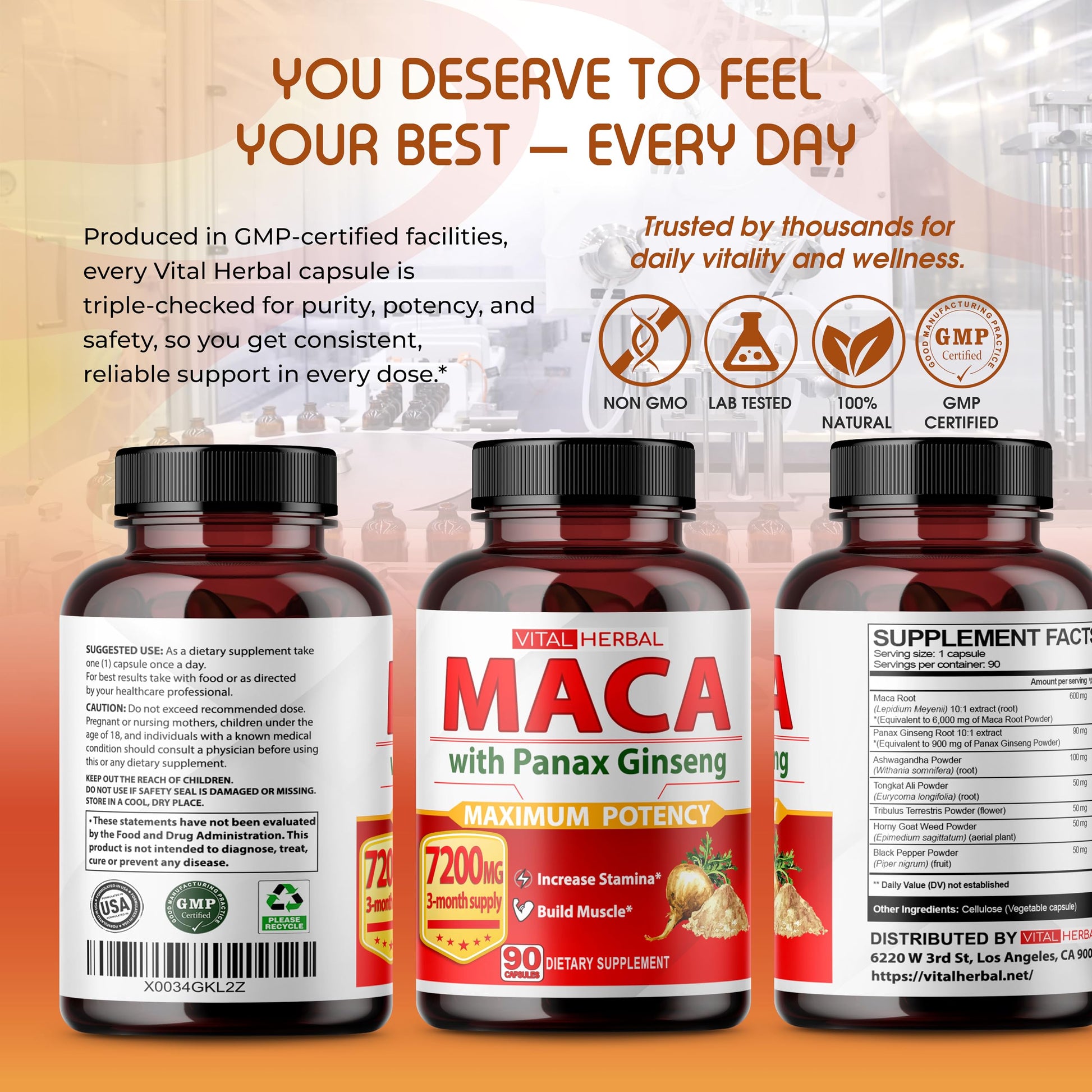 Vital Herbal Maca Root Complex with Ashwagandha, Tongkat Ali, Tribulus, Horny Goat Weed & Panax Ginseng – Herbal Support for Energy & Performance – 90-Day Supply - Medaid International