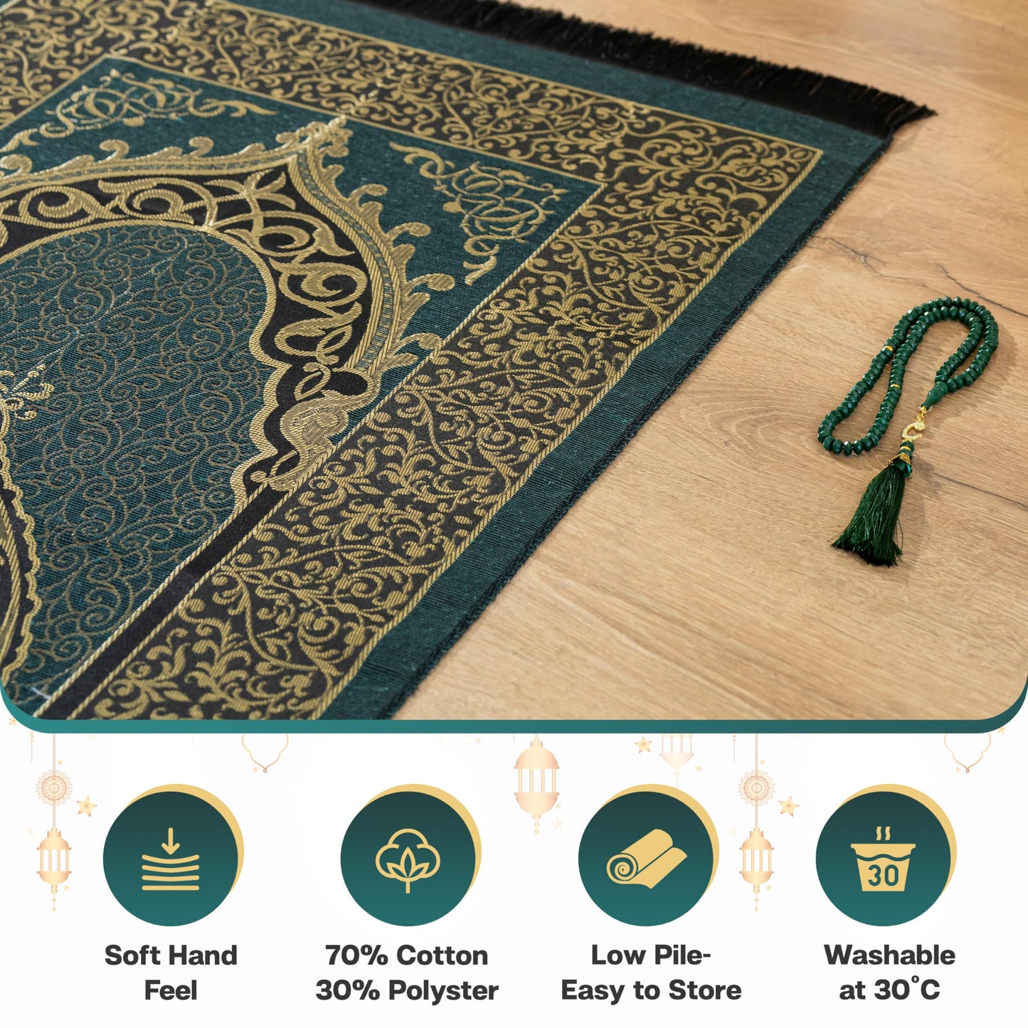 SUMELA Muslim Prayer Rug with Islam Prayer Beads - Travel Prayer Mat, Islamic Gifts for Women, Portable Prayer Matt Islam, Islamic Prayer Rug Islam Men Women, Praying Mat for Muslim Gifts, Green - Medaid International