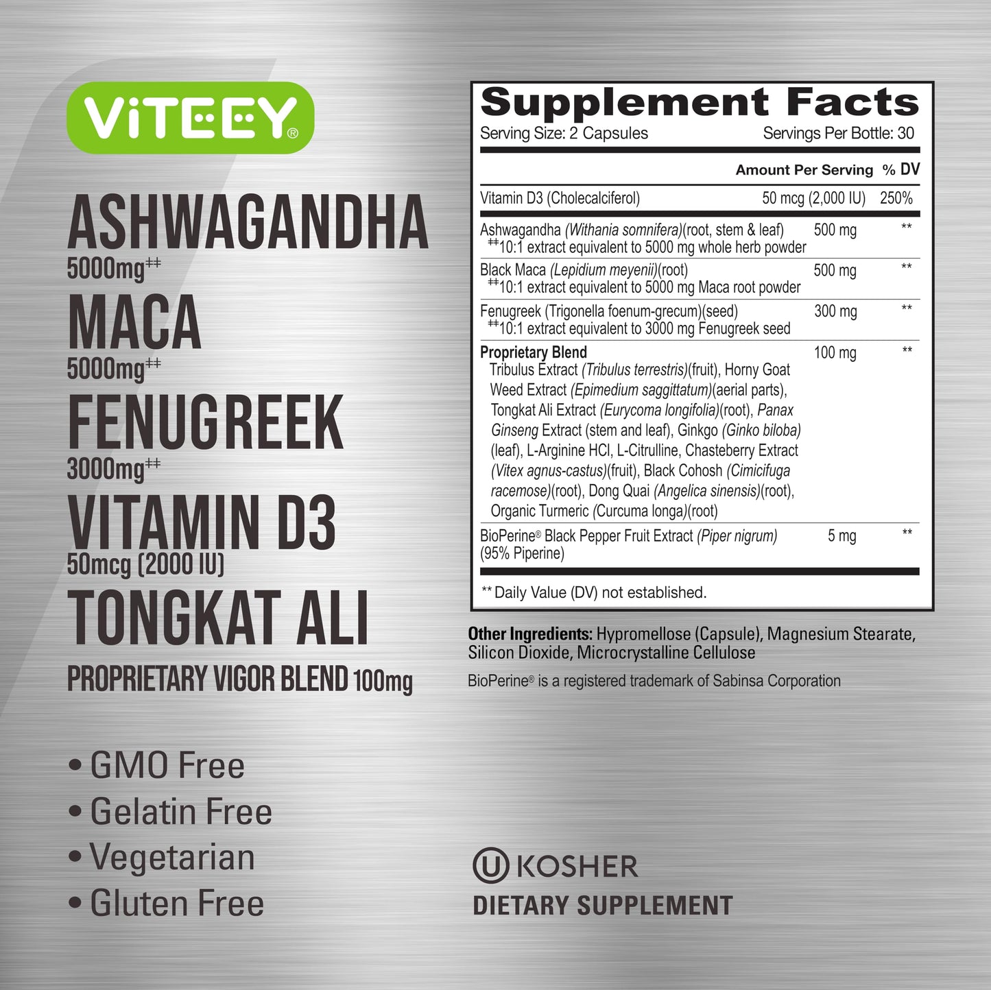 Viteey Ashwagandha Maca Fenugreek Supplement with Tongkat Ali – Drive, Passion & Energy Support for Men & Women – Mood, Calm & Stress Support - 60 Capsules - Medaid International