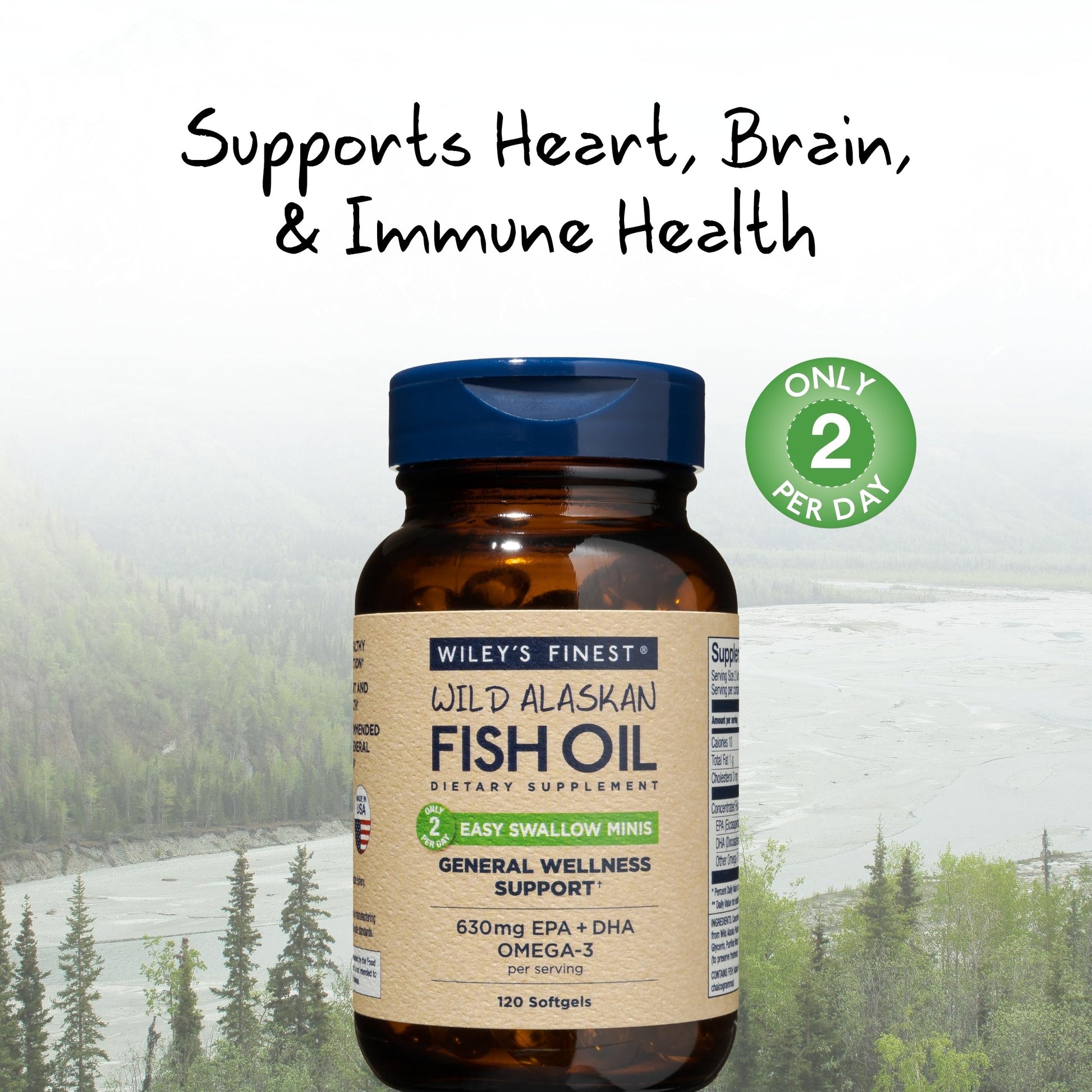 Wiley's Finest Wild Alaskan Fish Oil Easy Swallow Minis - Omega-3 Fish Oil Supplement for Adults and Kids - Double-Strength 630mg EPA and DHA Natural Supplement - 120 Mini Softgels (60 Servings) - Medaid International
