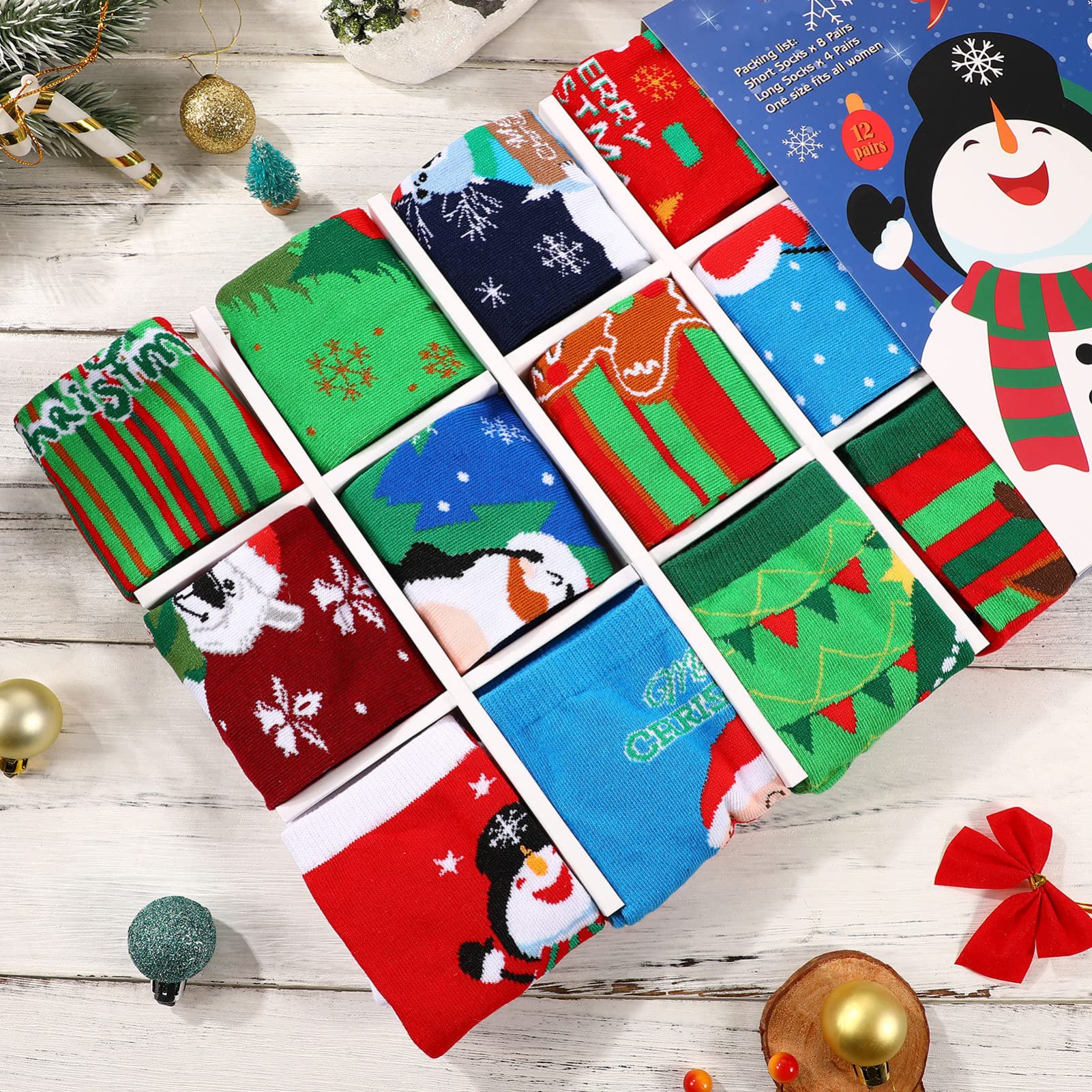 12 Pairs Women Christmas Socks Christmas Winter Warm Cozy Socks Adult Christmas Holiday Socks Cotton Christmas Cartoon Socks Xmas Warm Winter Socks- Christmas Advent Stocking In Box - Medaid International