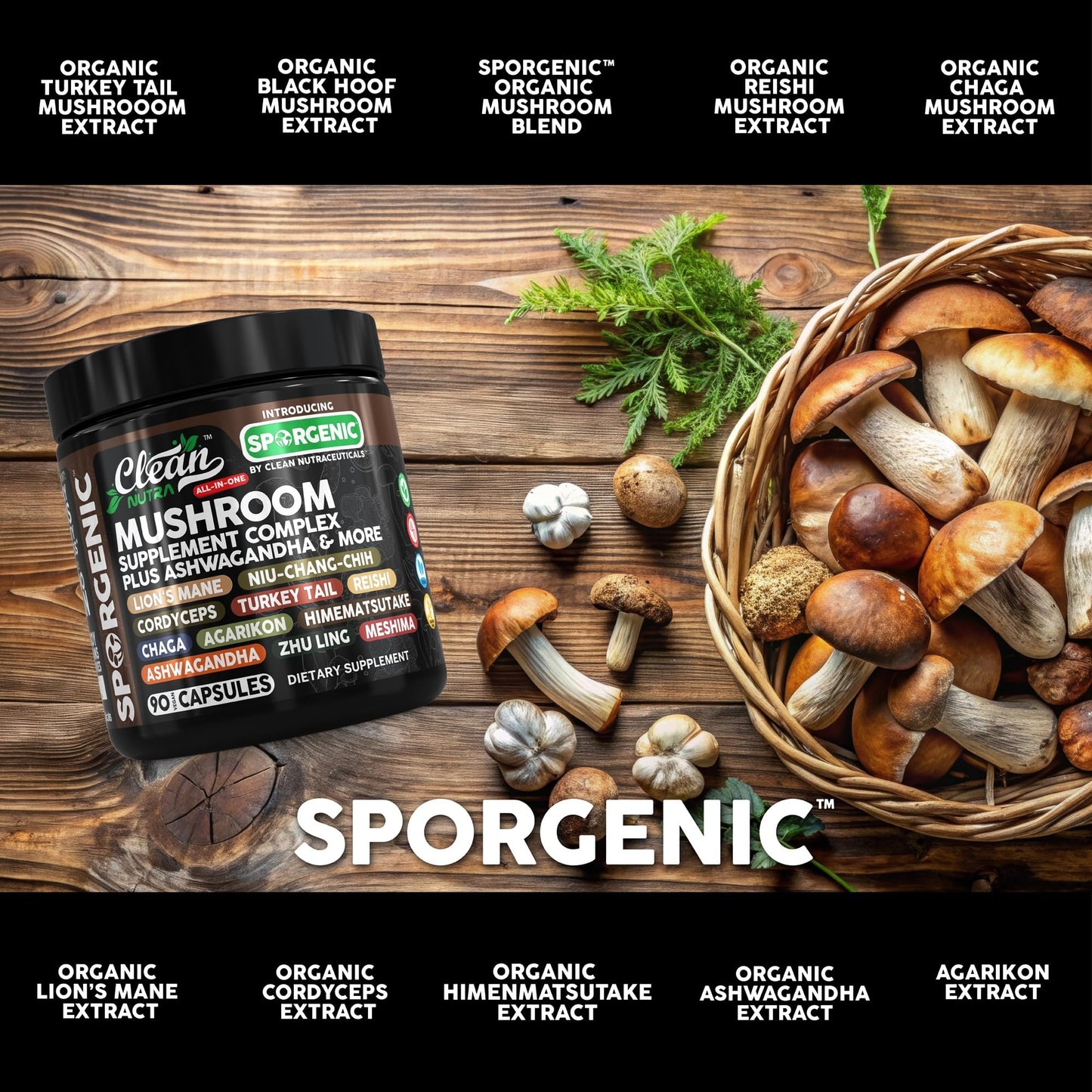 Organic Mushroom Supplement | Ashwagandha Lions Mane Cordyceps Turkey Tail Reishi Mushrooms Maca Root Black Hoof Chaga Tremella Agarikon Shiitake Oyster Powder Capsules Sporgenic by Clean Nutra (1) - Medaid International