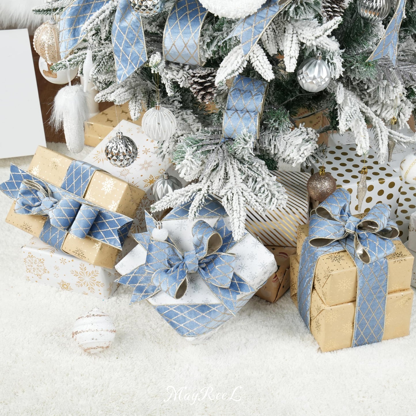 MAYREEL 2.5 Inch Dusty Blue and Gold Velvet Wired Ribbon Metallic Diamond Glitter Grid for Christmas Gift Wrapping Floral Craft Bows Wreaths Garland Holiday Decor 10 Yards - Medaid International