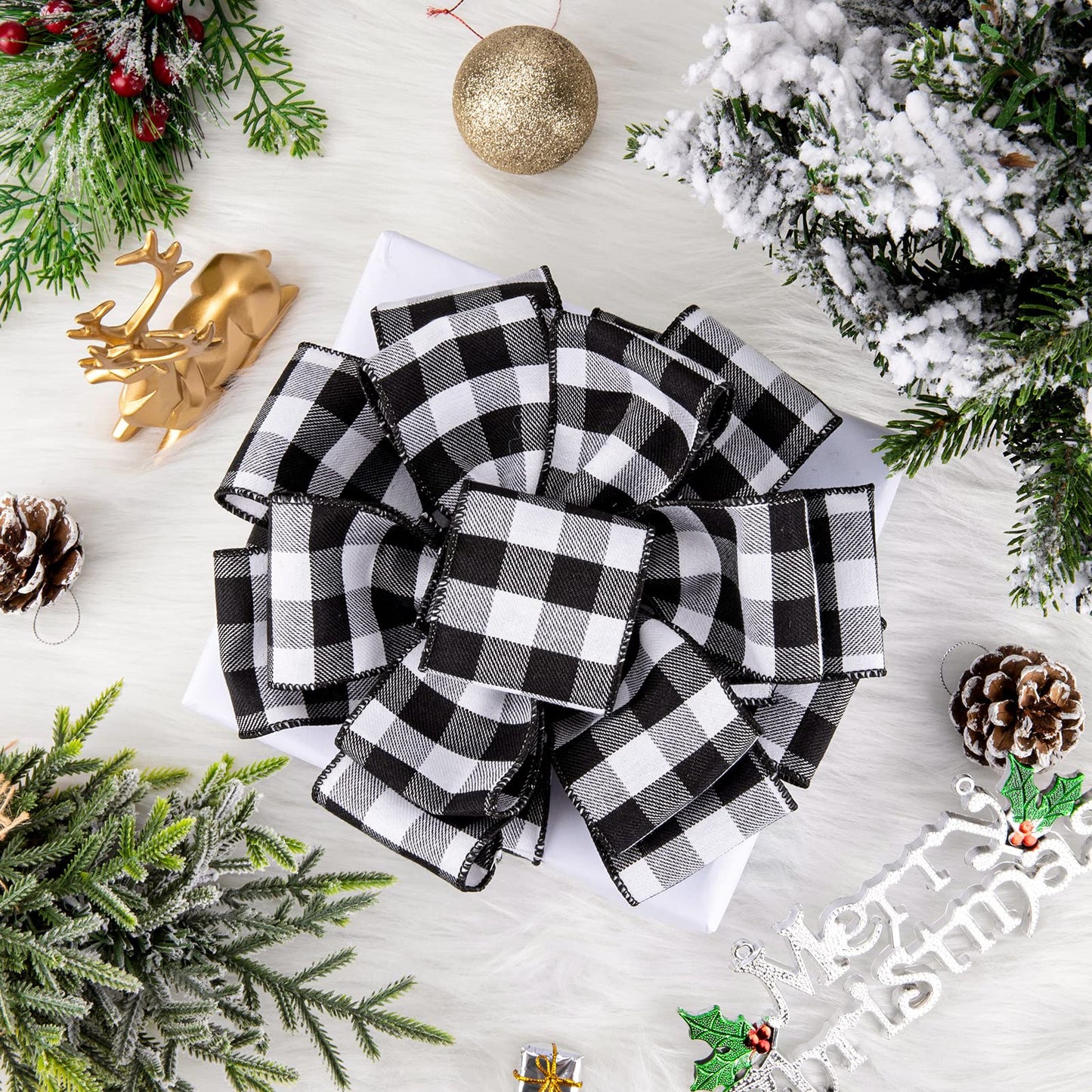 Whaline 2 Rolls Wired Edge Plaid Ribbon Christmas Buffalo Check Ribbon White Black Plaid Ribbon 2.5" Wide Farmhouse Craft Ribbon for DIY Gift Wrapping Wreath Xmas Tree Bow Decoration, 10 Yard - Medaid International