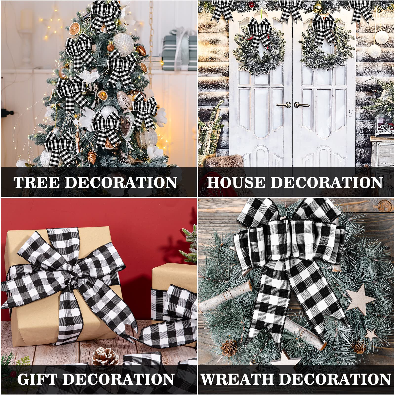 Whaline 2 Rolls Wired Edge Plaid Ribbon Christmas Buffalo Check Ribbon White Black Plaid Ribbon 2.5" Wide Farmhouse Craft Ribbon for DIY Gift Wrapping Wreath Xmas Tree Bow Decoration, 10 Yard - Medaid International