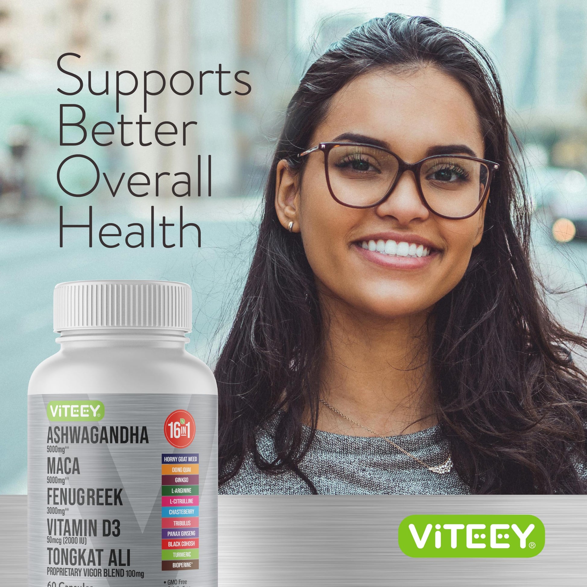 Viteey Ashwagandha Maca Fenugreek Supplement with Tongkat Ali – Drive, Passion & Energy Support for Men & Women – Mood, Calm & Stress Support - 60 Capsules - Medaid International