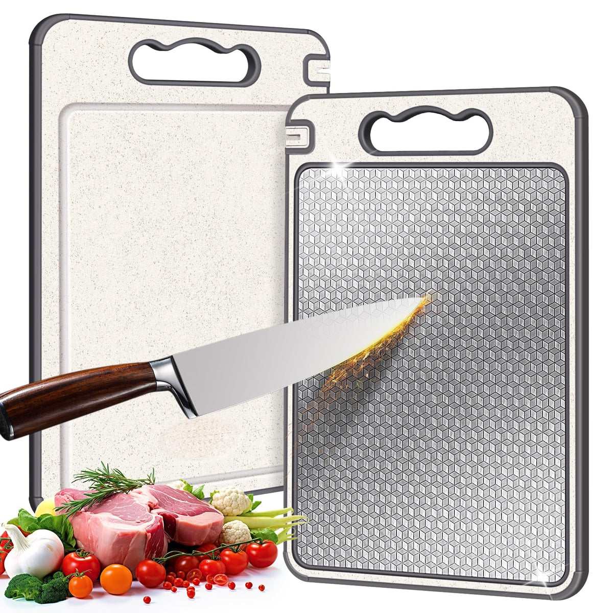KASTWAVE Stainless Steel Cutting Board, Double-Sided Meat Cutting Board for Kitchen, Scratch-resistant Mesh Design, Juice Groove, Non-slip Silicone Wrap, Dishwasher Safe, 14 * 10Inch