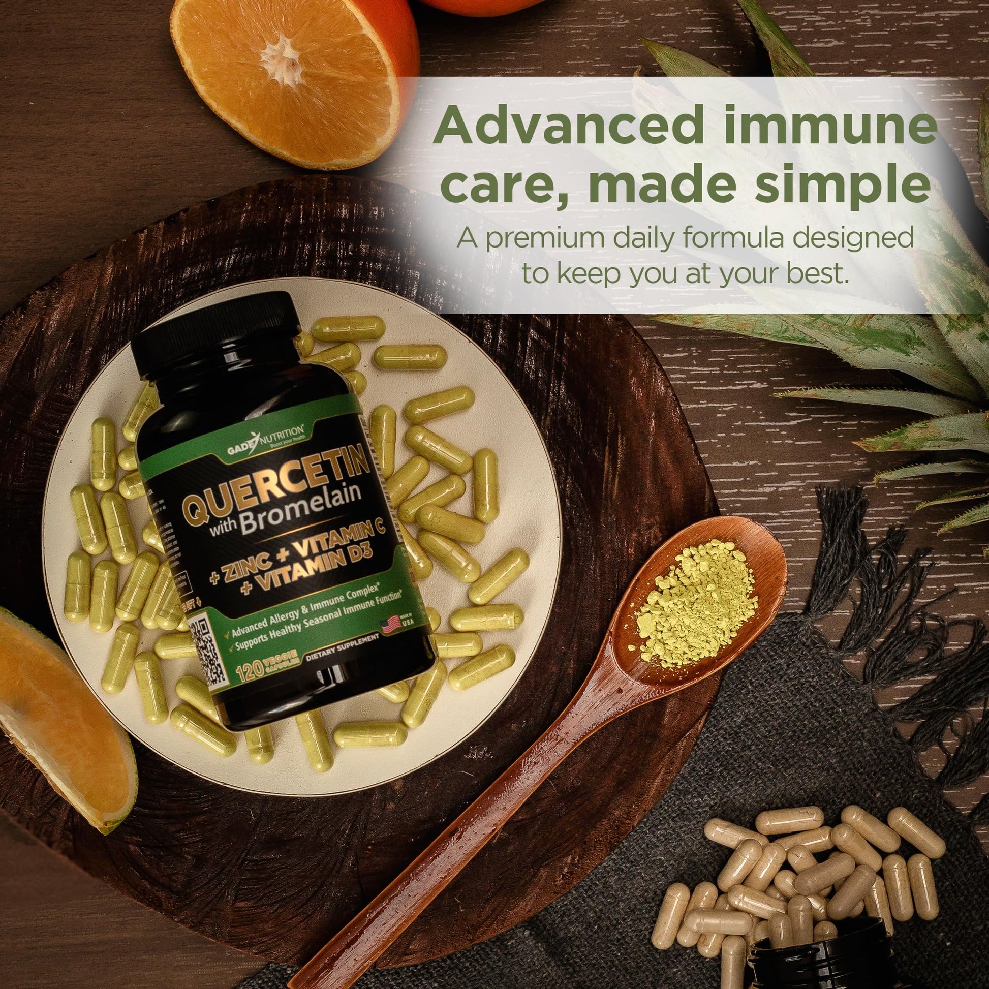 Gade Nutrition Quercetin with Bromelain Vitamin C and Zinc Vitamin D3 | Immune Support Supplement in Capsules | Non-GMO, Gluten-Free, Vegan | Made in The USA | 2 Month Supply - Medaid International