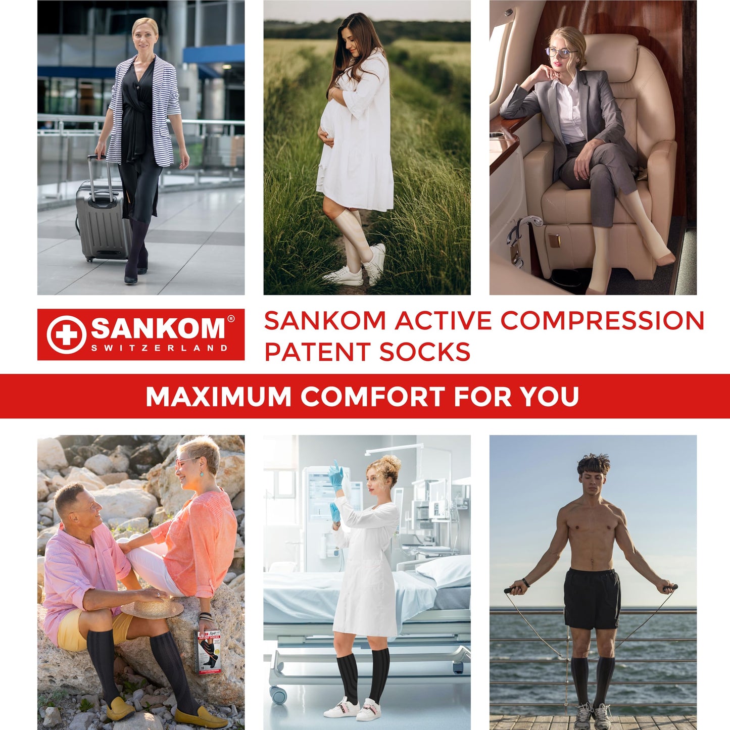SANKOM Compression Socks for Women - Swiss Designed Patented 4-Step Active Graduated Compression Socks for Travel and Flight - Suitable Socks for Pregnant Women & Nurses - Best for Everyday Wear (Black, L/XL) - Medaid International