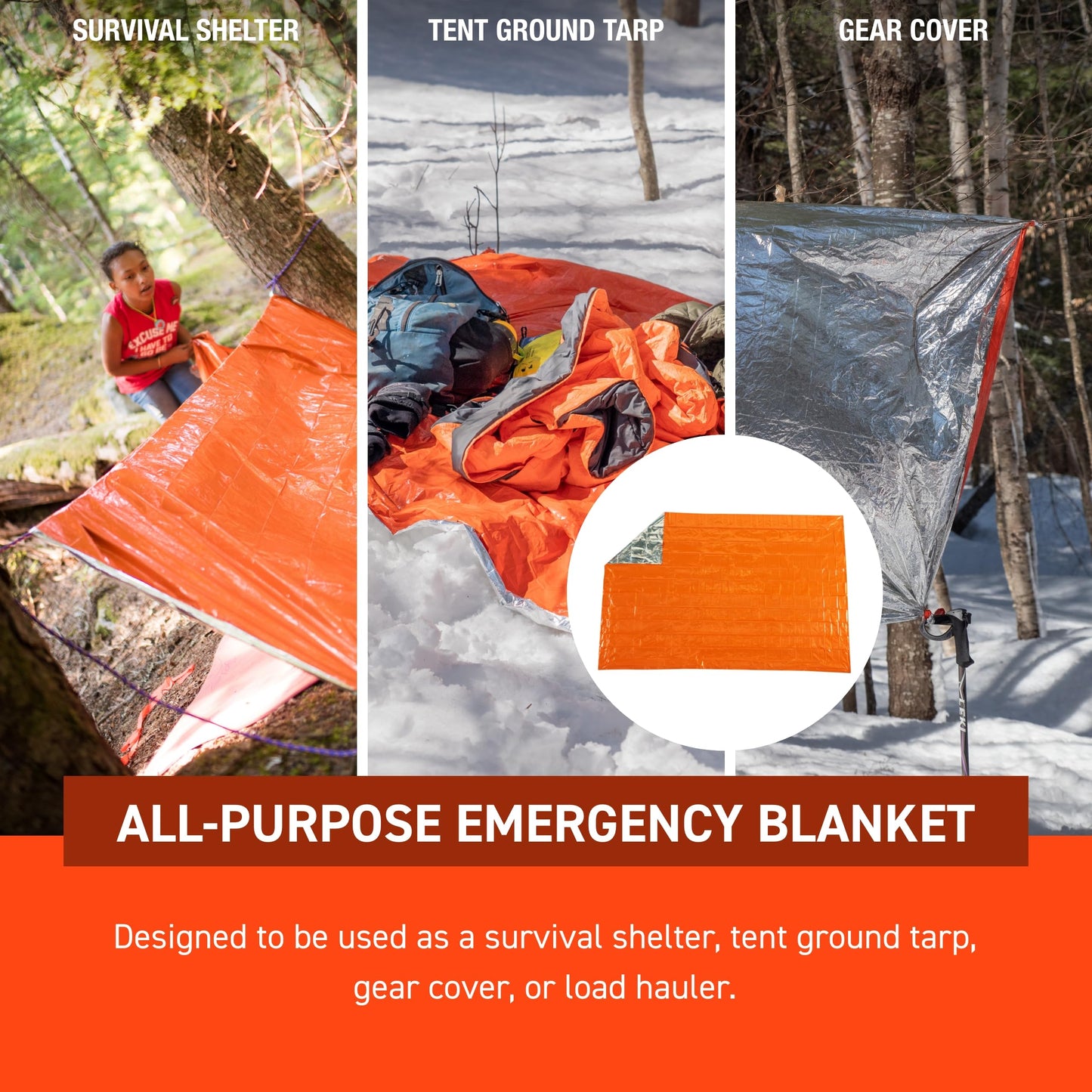 S.O.L. Survive Outdoors Longer 90% Heat Reflective Emergency Blanket - for Disaster Preparedness Kit - Waterproof & Windproof - Fits up to 2 People - 58" x 98", 5.9 oz, Orange (Pack of 3)