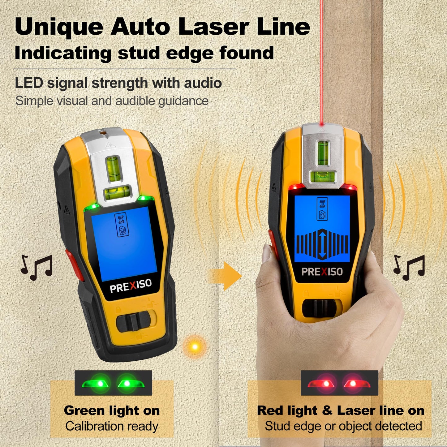 PREXISO 2-in-1 Stud Finder with Laser Level, Rechargeable Multi Surface Cross Line Laser & Wall Stud Scanners Tool for Hanging Frames & Picture, Wood Ac Wire Metal Studs Joist Pipe Detection - Medaid International