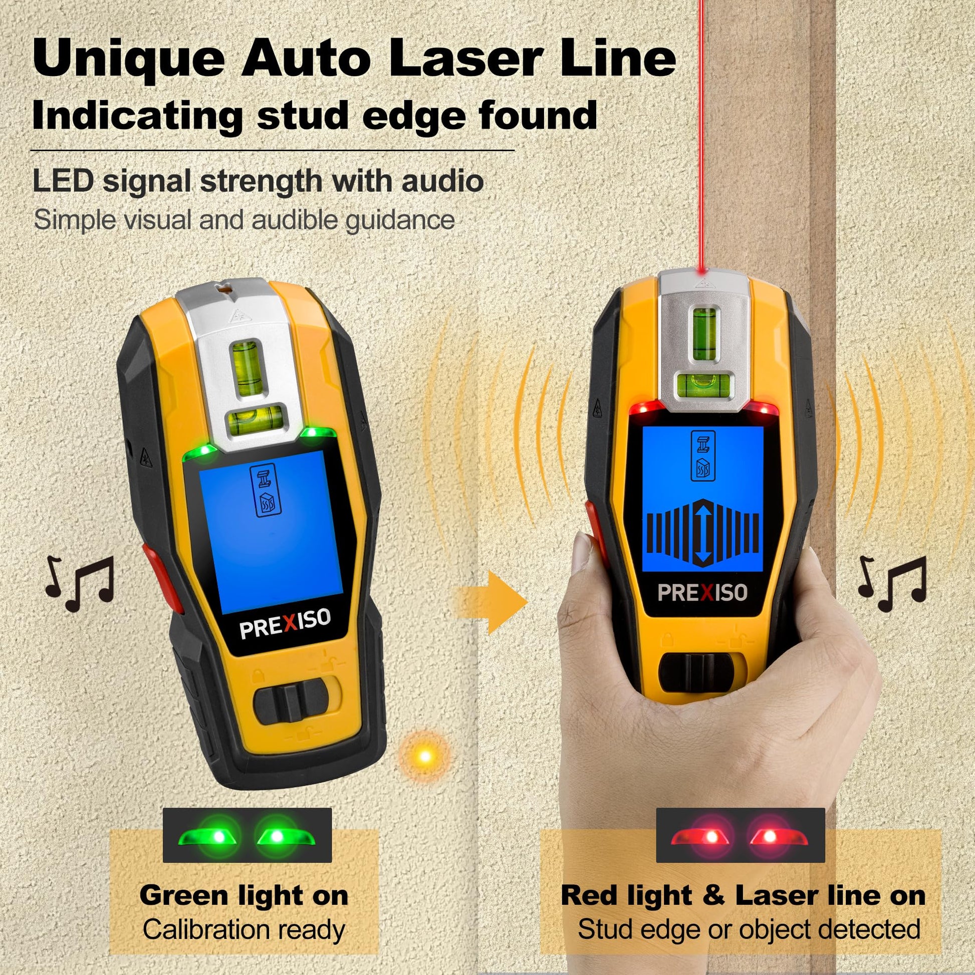 PREXISO 2-in-1 Stud Finder with Laser Level, Rechargeable Multi Surface Cross Line Laser & Wall Stud Scanners Tool for Hanging Frames & Picture, Wood Ac Wire Metal Studs Joist Pipe Detection - Medaid International