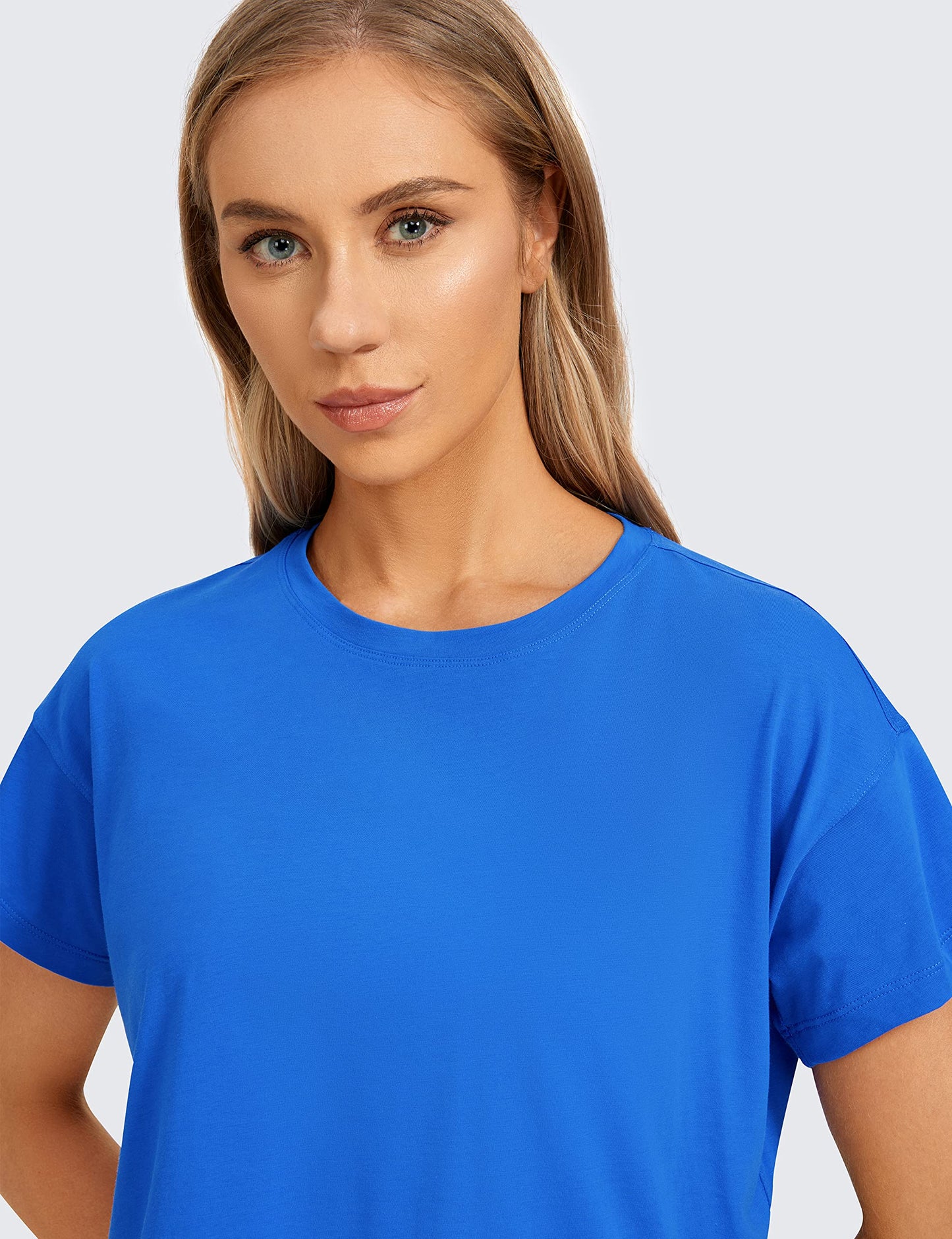 CRZ YOGA Women's Pima Cotton Workout Short Sleeve Shirts Loose Athletic Crop Tops Gym Casual Cropped T-Shirt Strong Blue Medium - Medaid International