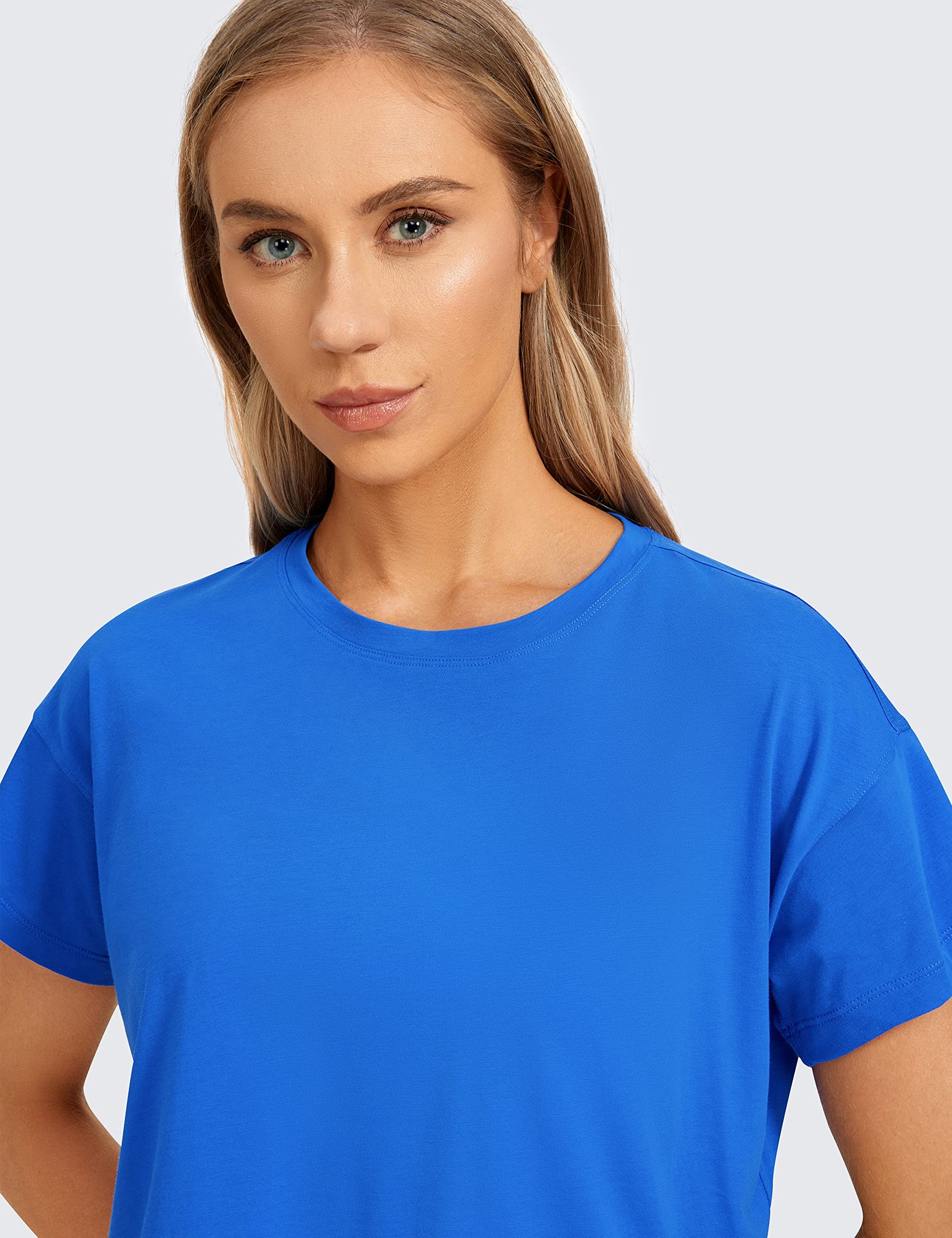 CRZ YOGA Women's Pima Cotton Workout Short Sleeve Shirts Loose Athletic Crop Tops Gym Casual Cropped T-Shirt Strong Blue Medium - Medaid International