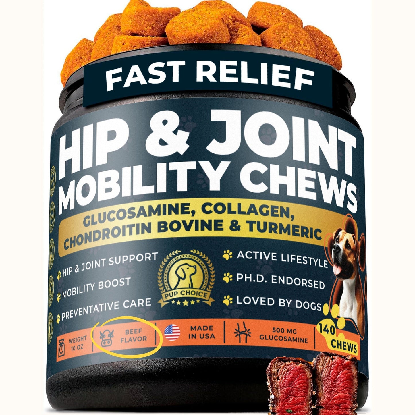 Pup Choice Glucosamine 500mg Hip & Joint Support Supplement for Dogs – Chondroitin, Collagen, MSM & Turmeric Chews – Supports Mobility, Flexibility & Joint Health for Large Breeds & Seniors