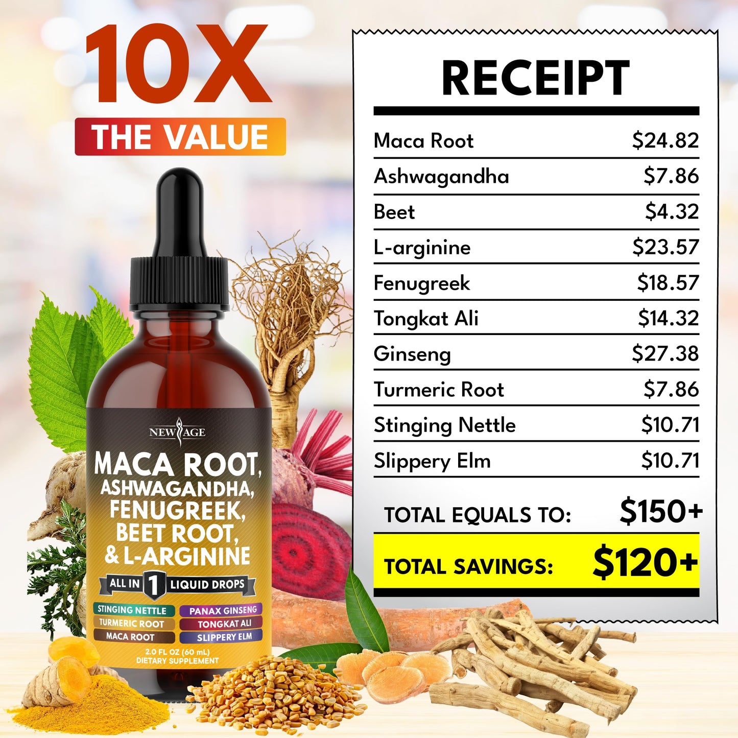 Organic Maca Root Liquid Drops with Ashwagandha, Nettle, Fenugreek, Beet Root and L-Arginine Liquid Multivitamin for Women and Men - 4oz - Medaid International