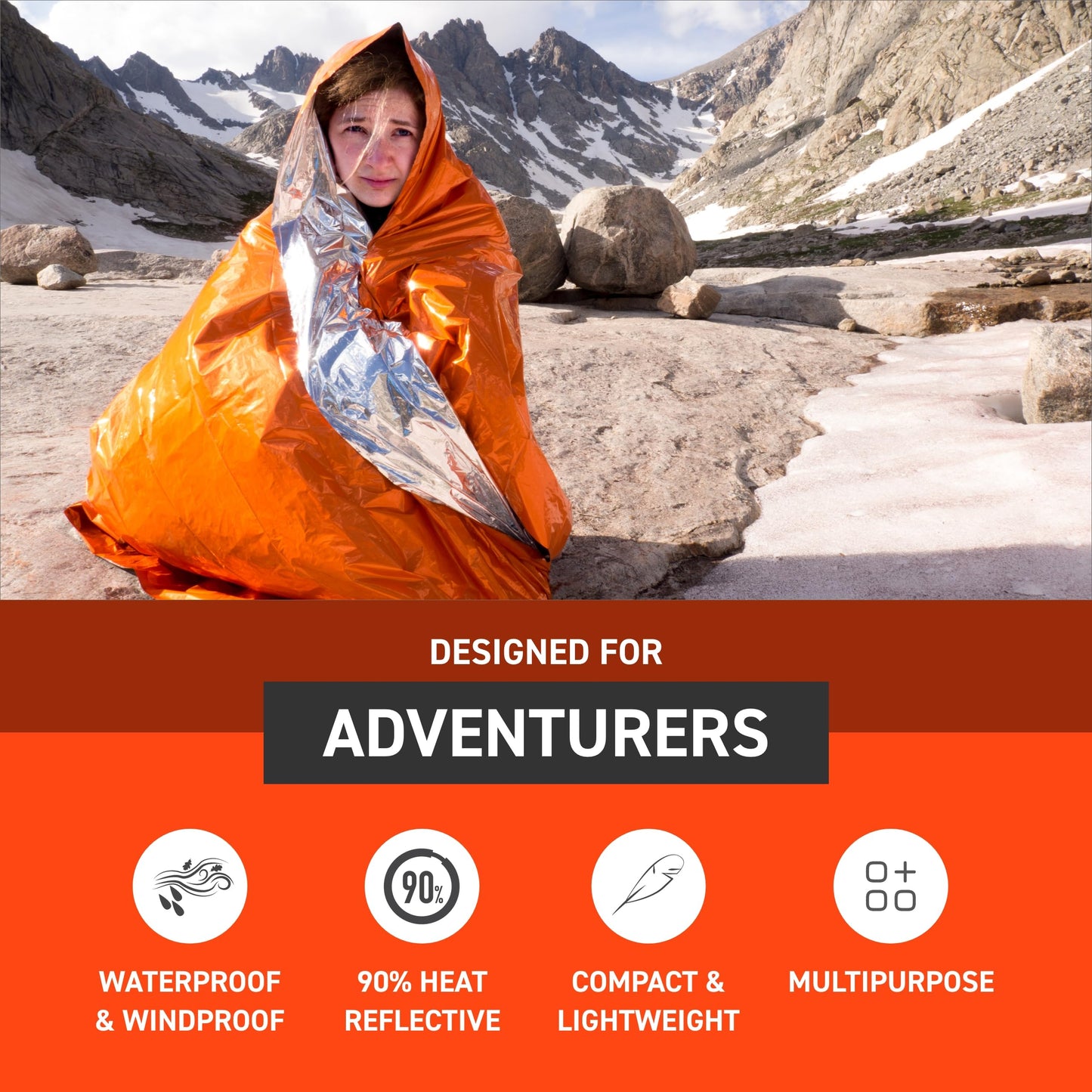 Survive Outdoors Longer 90% Heat Reflective Emergency Blanket - Polyethylene Rescue Blanket - Disaster Preparedness or Outdoor Survival Kit - Waterproof & Windproof - 56" x 84", 5.9 oz, Orange, 4 Pack